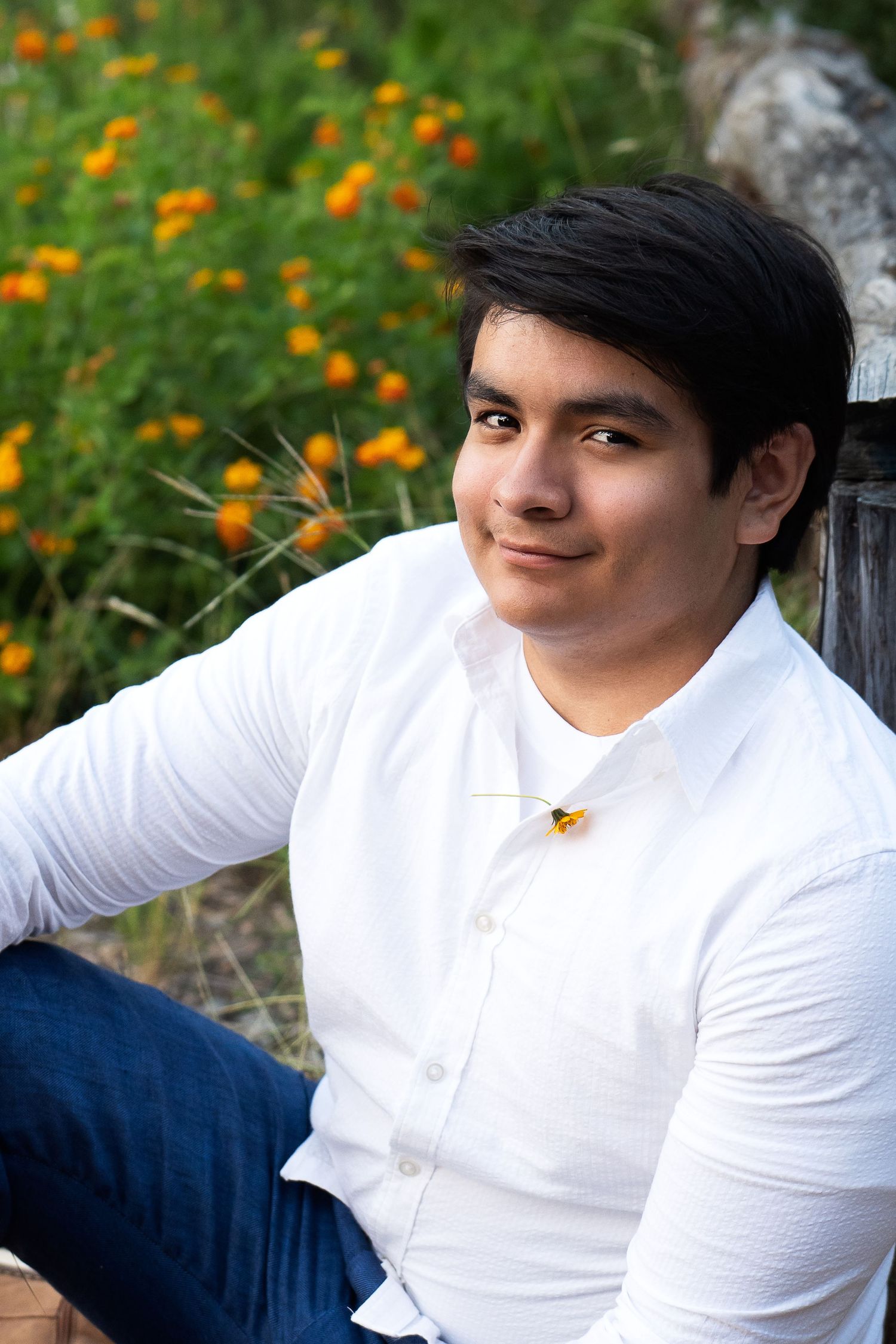 Phil Hardberger Park San Antonio Texas High School Senior Boy portrait sitting among flowers