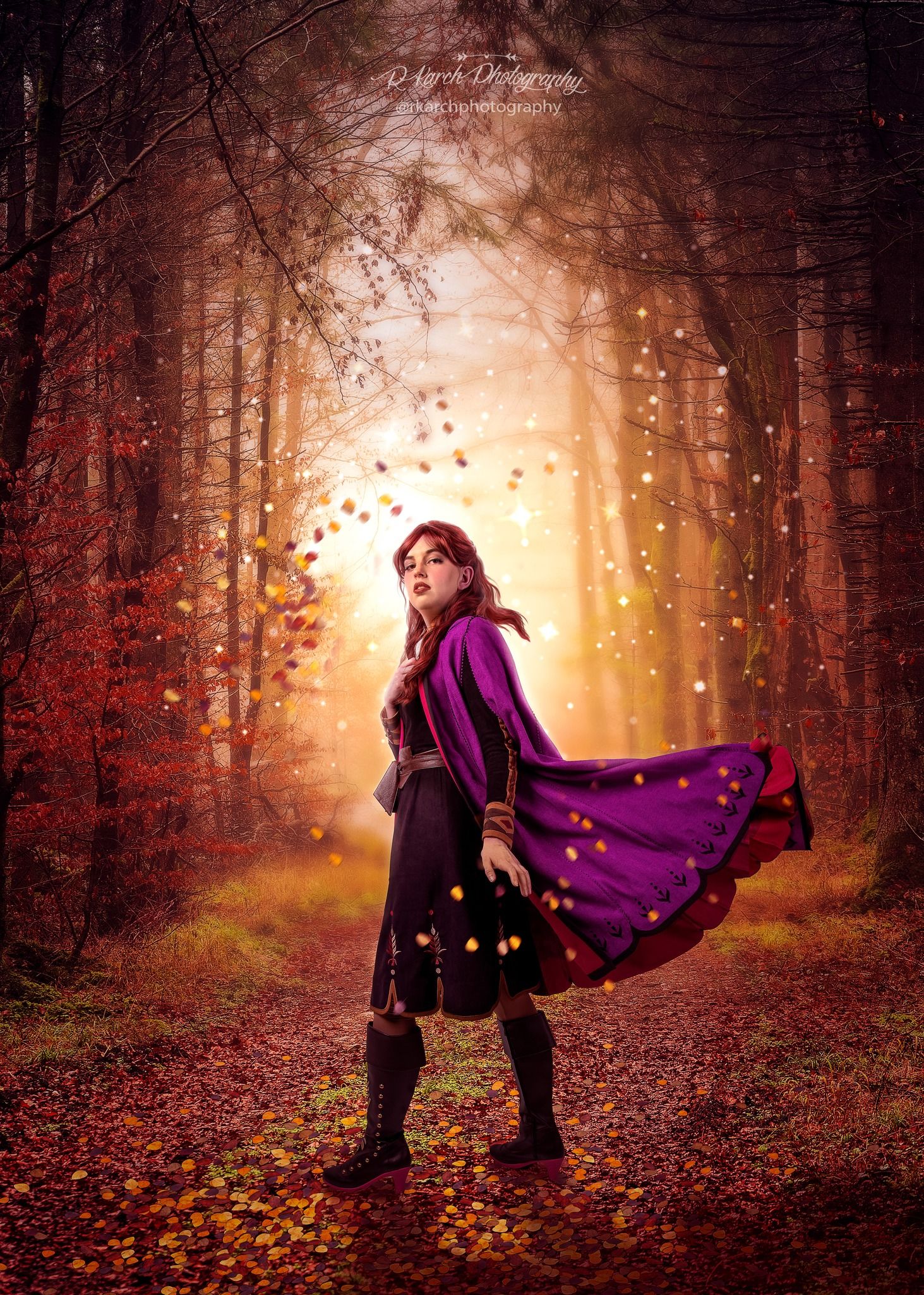 Magical autumn forest scene with figure in flowing purple coat surrounded by floating leaves.