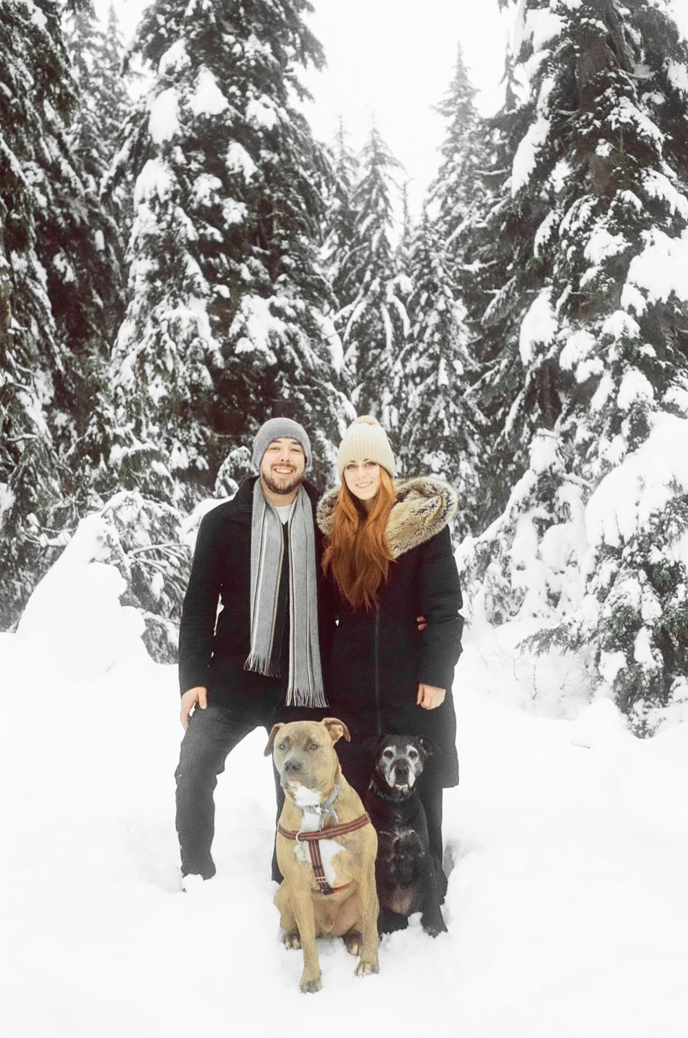 People posing with their dog in a winter wonderland of snow-covered trees.