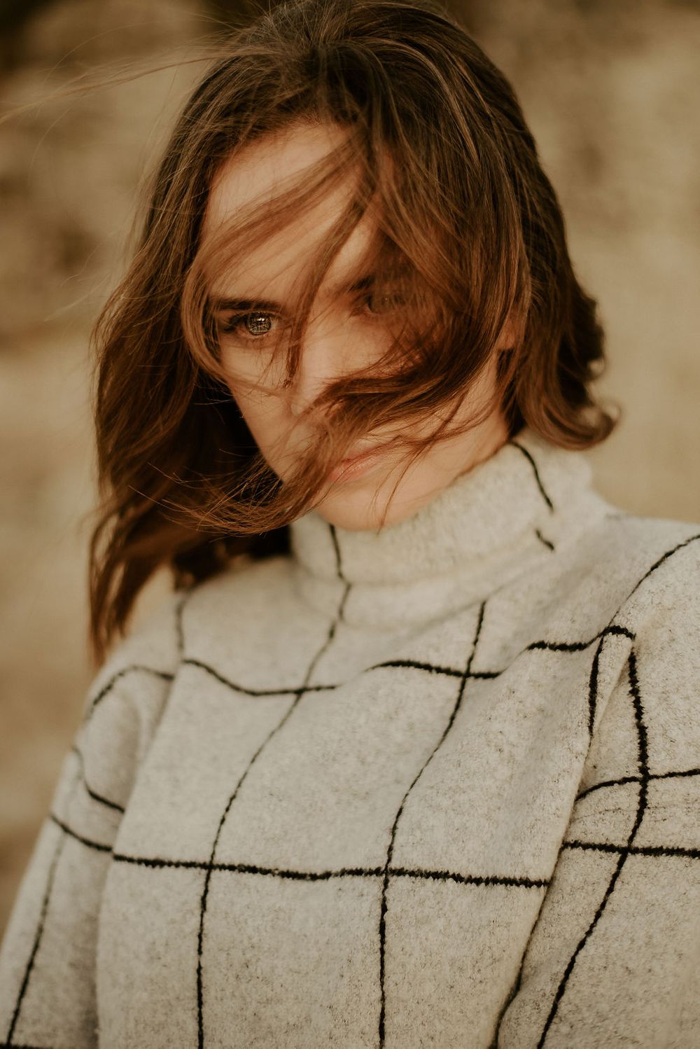 Close-up detail of geometric pattern sweater in warm sepia tones.