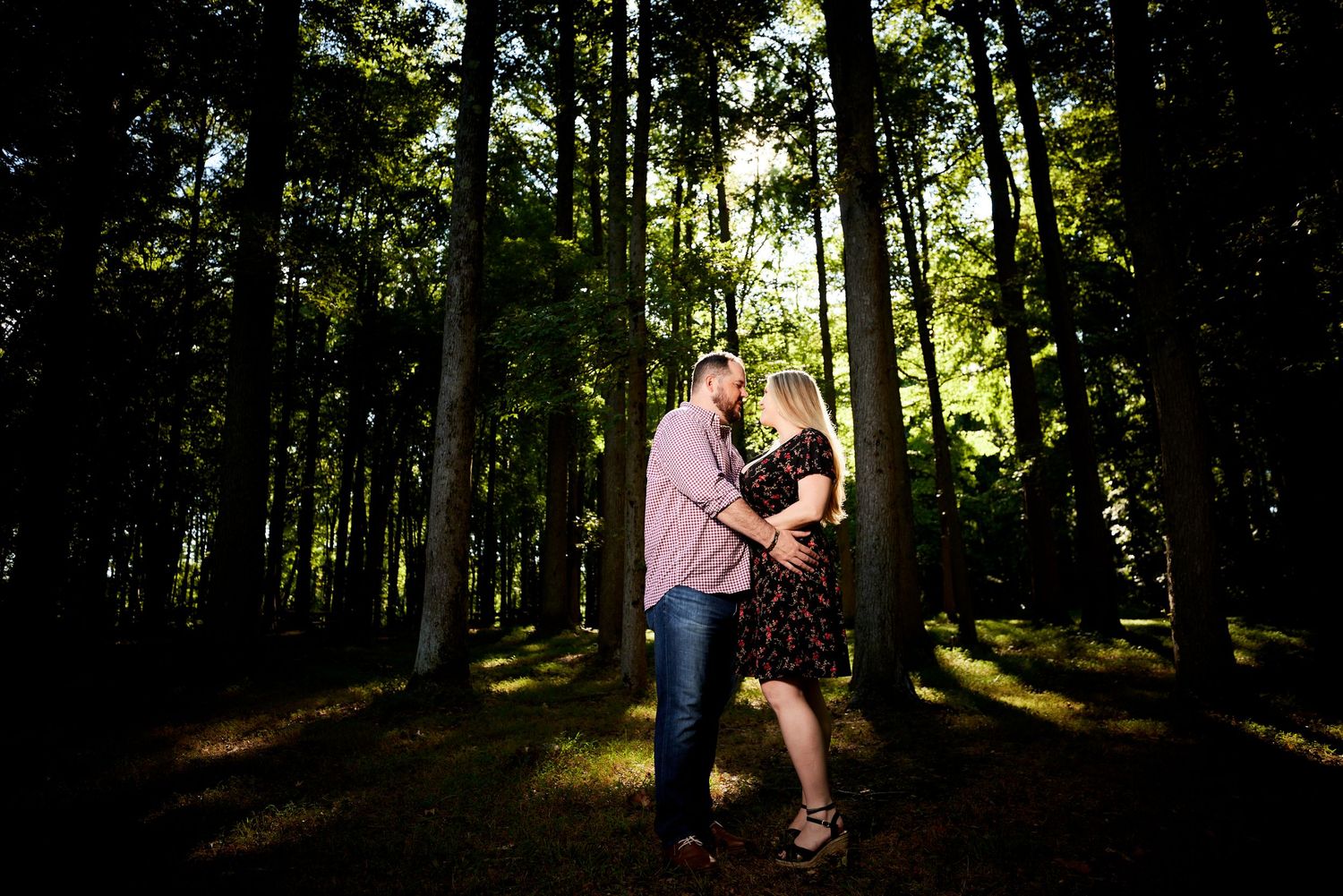 Romantic couple kissing in a dramatic forest setting with tall trees and beautiful sunlight filtering through.
