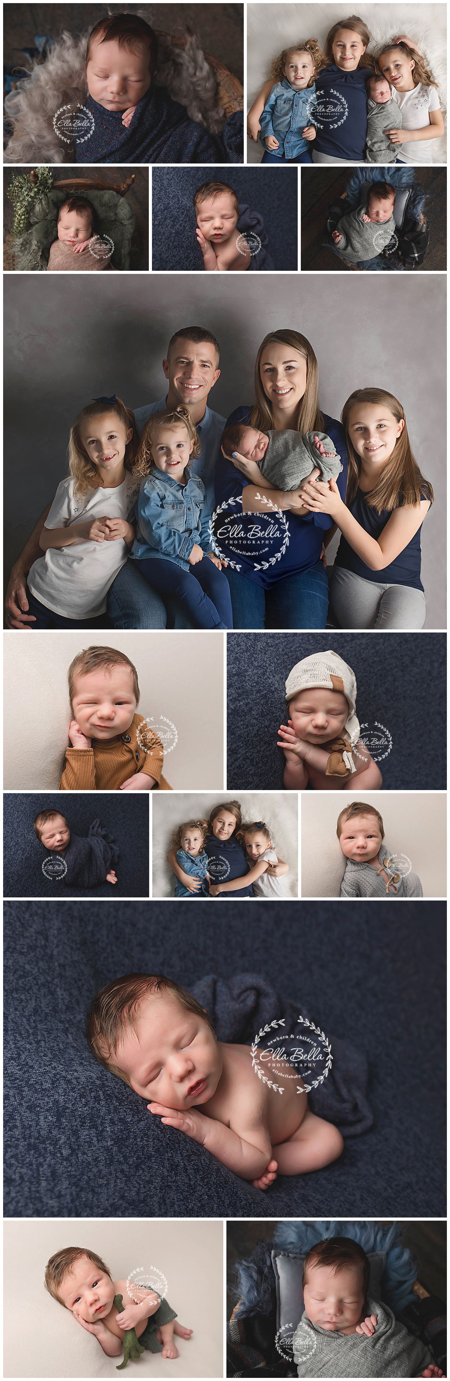 Professional family photo collection featuring newborn portraits and family group shots in coordinated navy outfits.