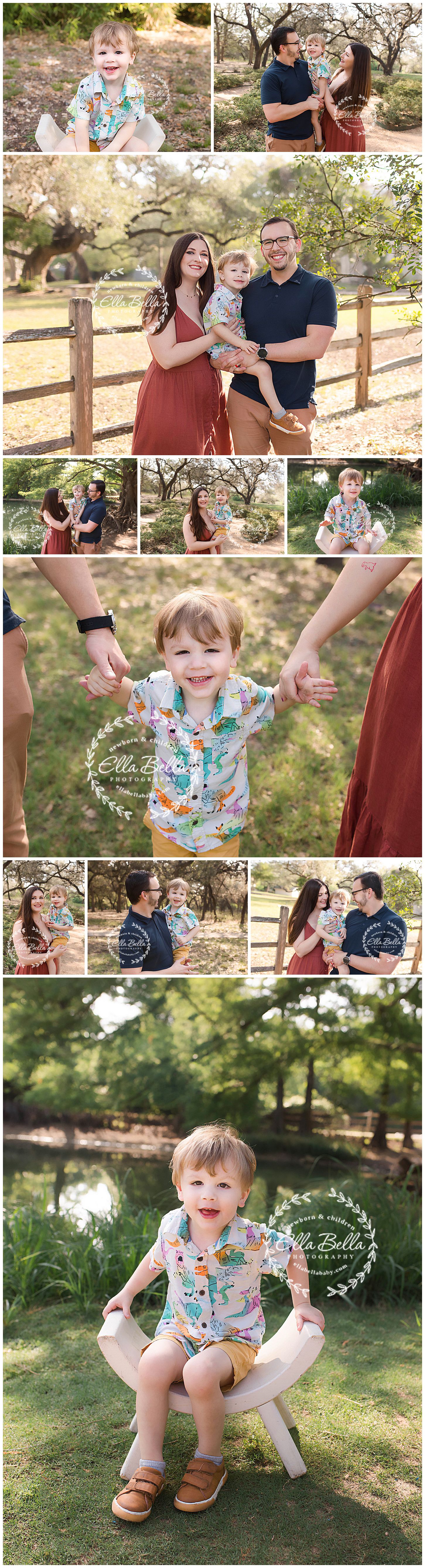 Family photoshoot in a rustic park setting with wooden fence and water features.