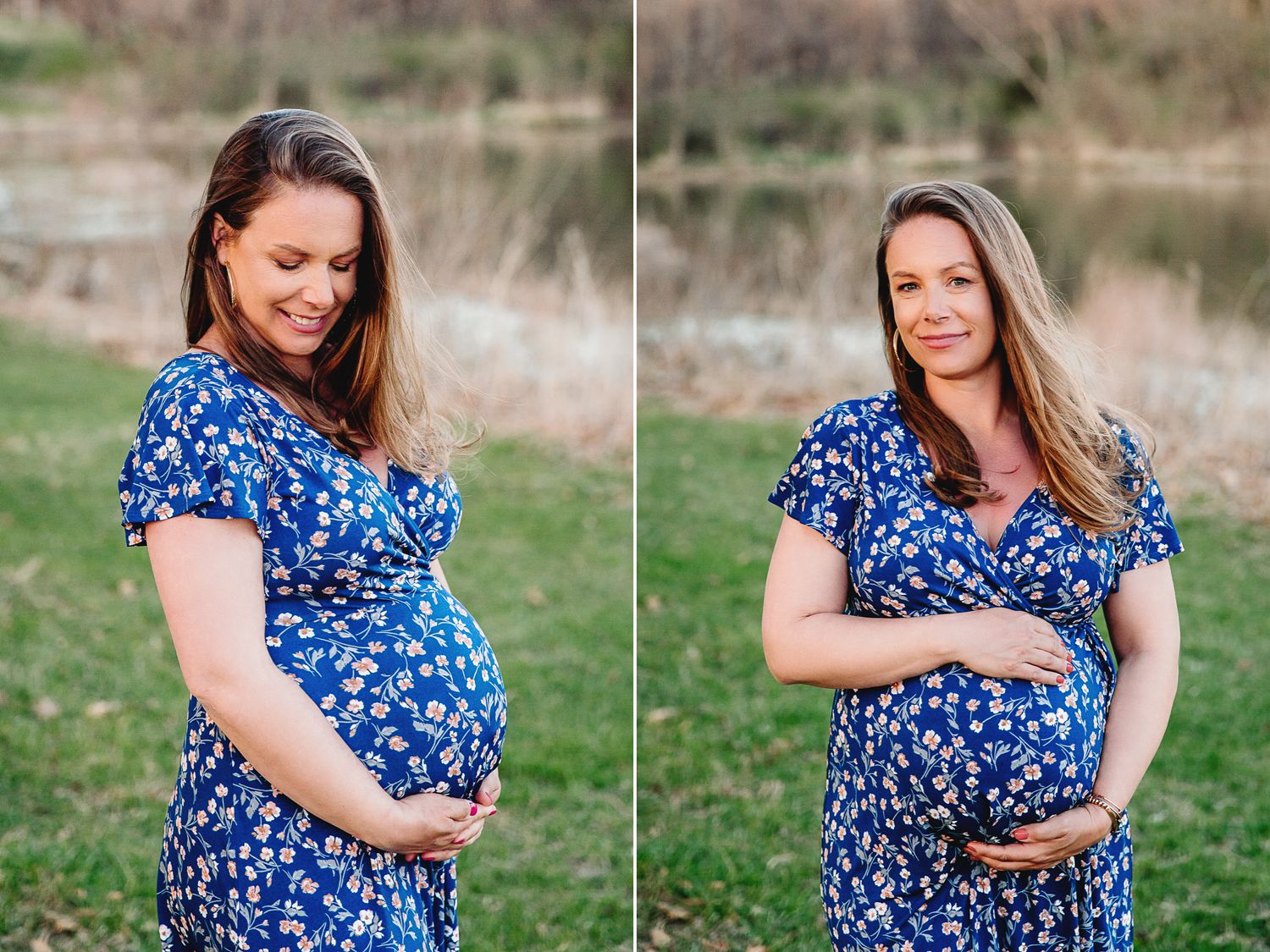 maternity photography overland park kansas mom posed holding belly near water