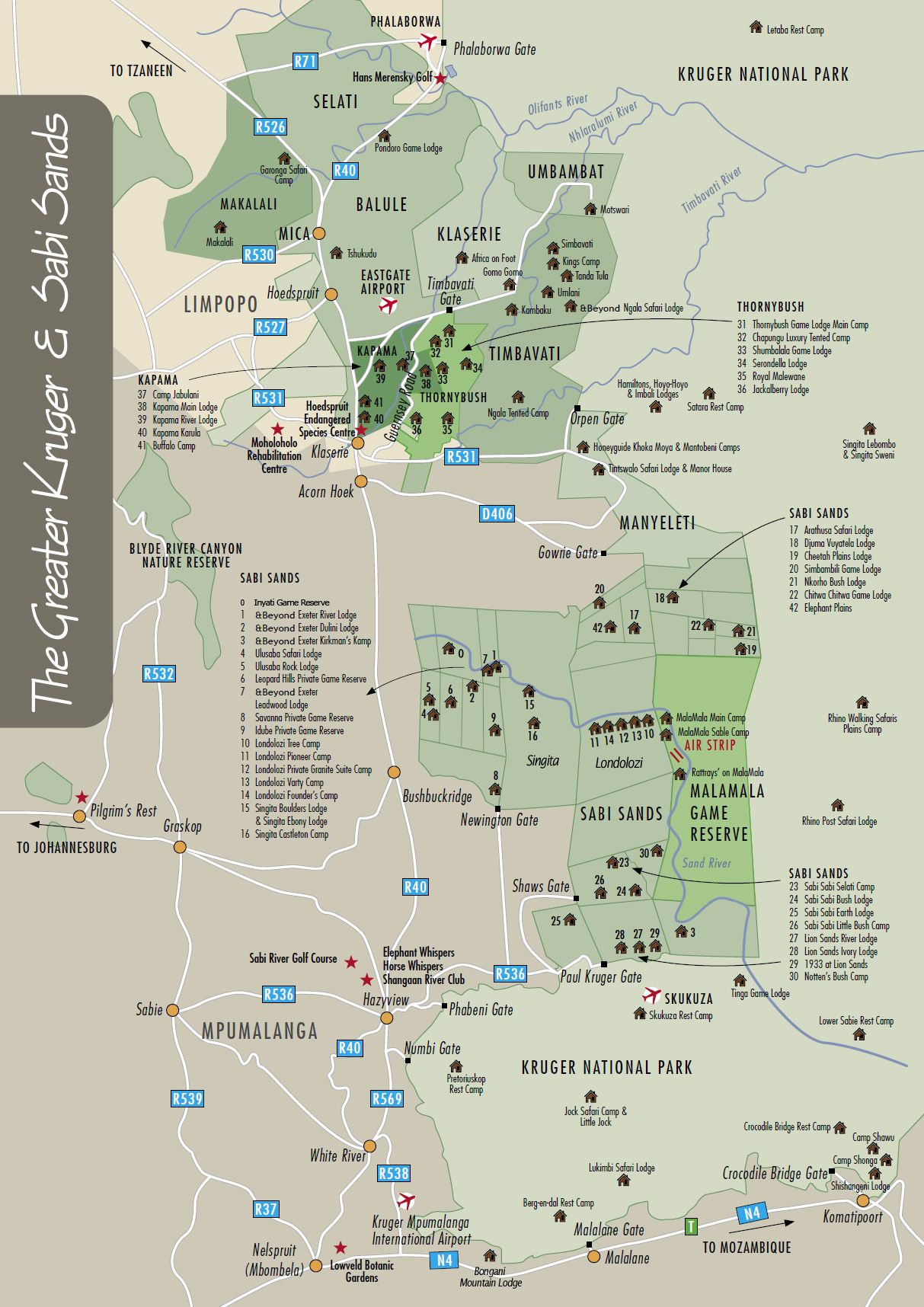 Detailed map showing tourist attractions and game reserves in the Greater Kruger National Park area.