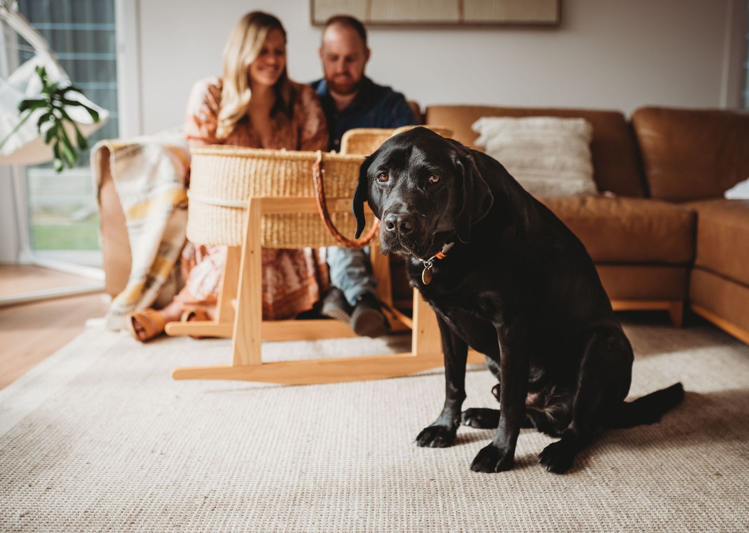 Family and dog sitting together on floor in cozy living room setting.