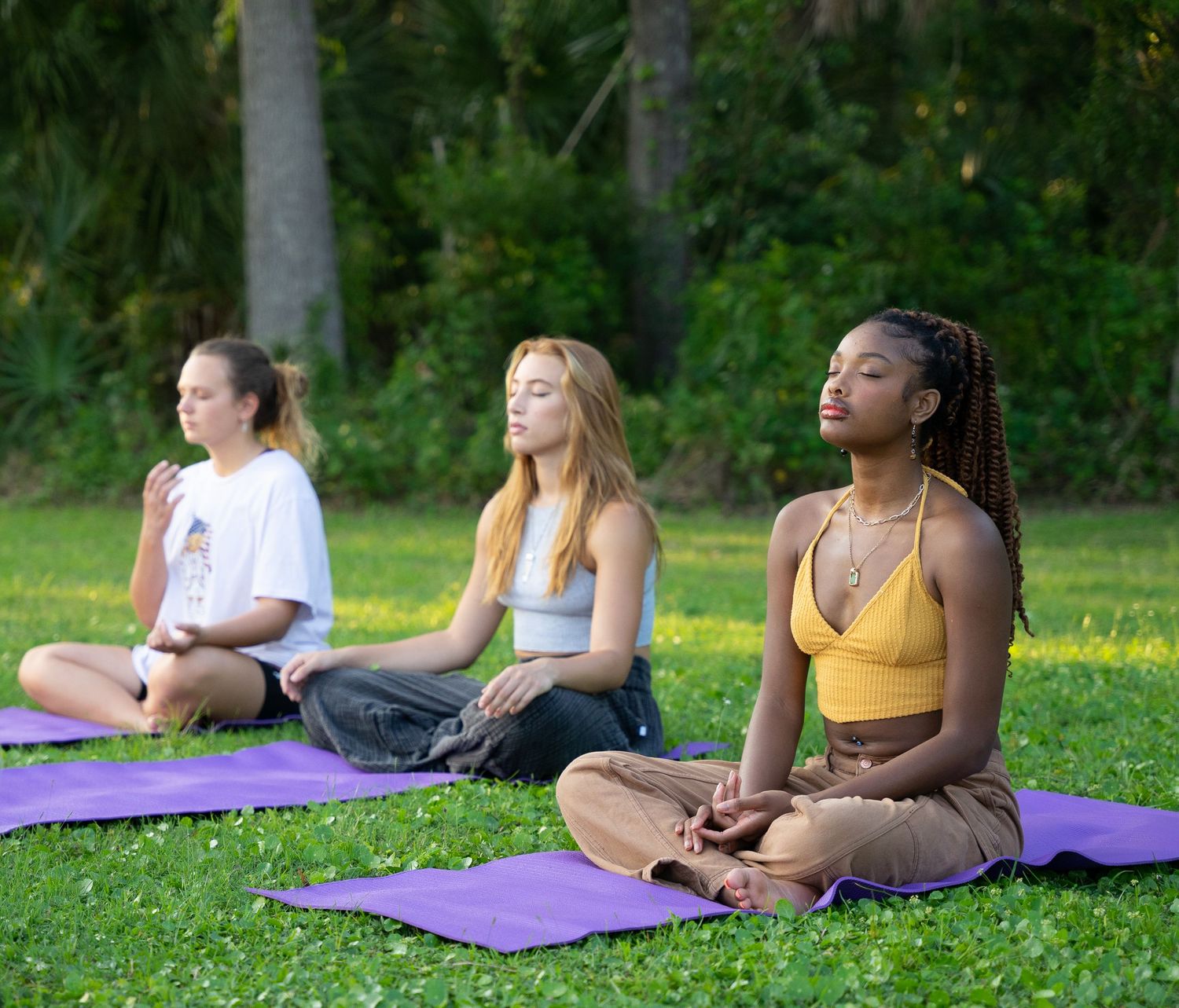 Small group doing relaxation exercises on purple yoga mats in a grassy park.