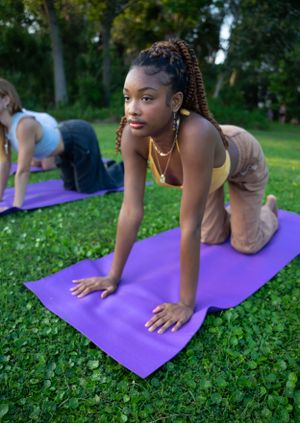 People practicing plank pose on purple yoga mats in a peaceful park setting.