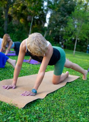 Yoga students performing plank poses on cork mats in green grass.