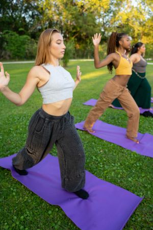 Group practicing yoga poses on purple mats in a sunny outdoor park setting.