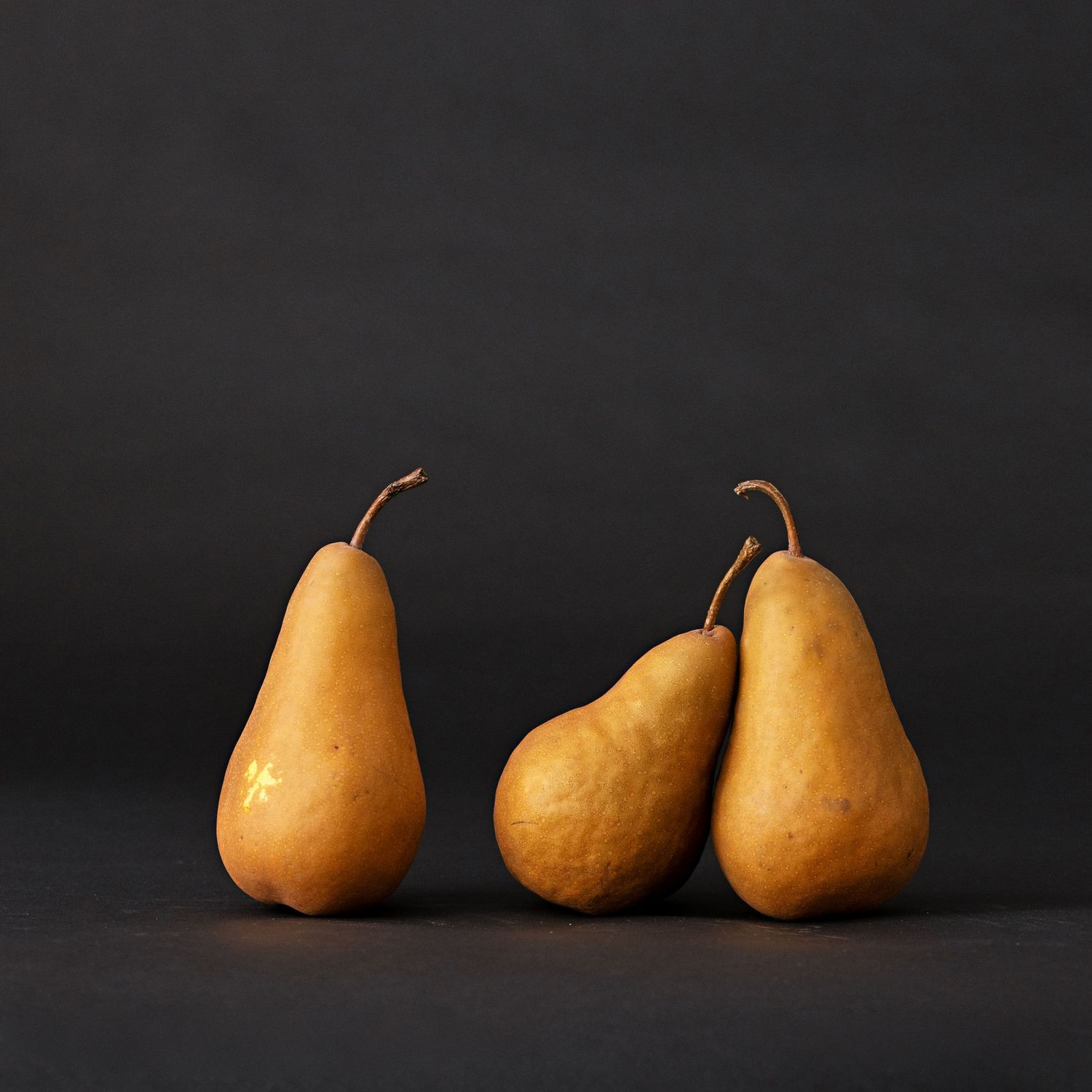 Three ripe Bosc pears arranged in artistic composition against dark background.