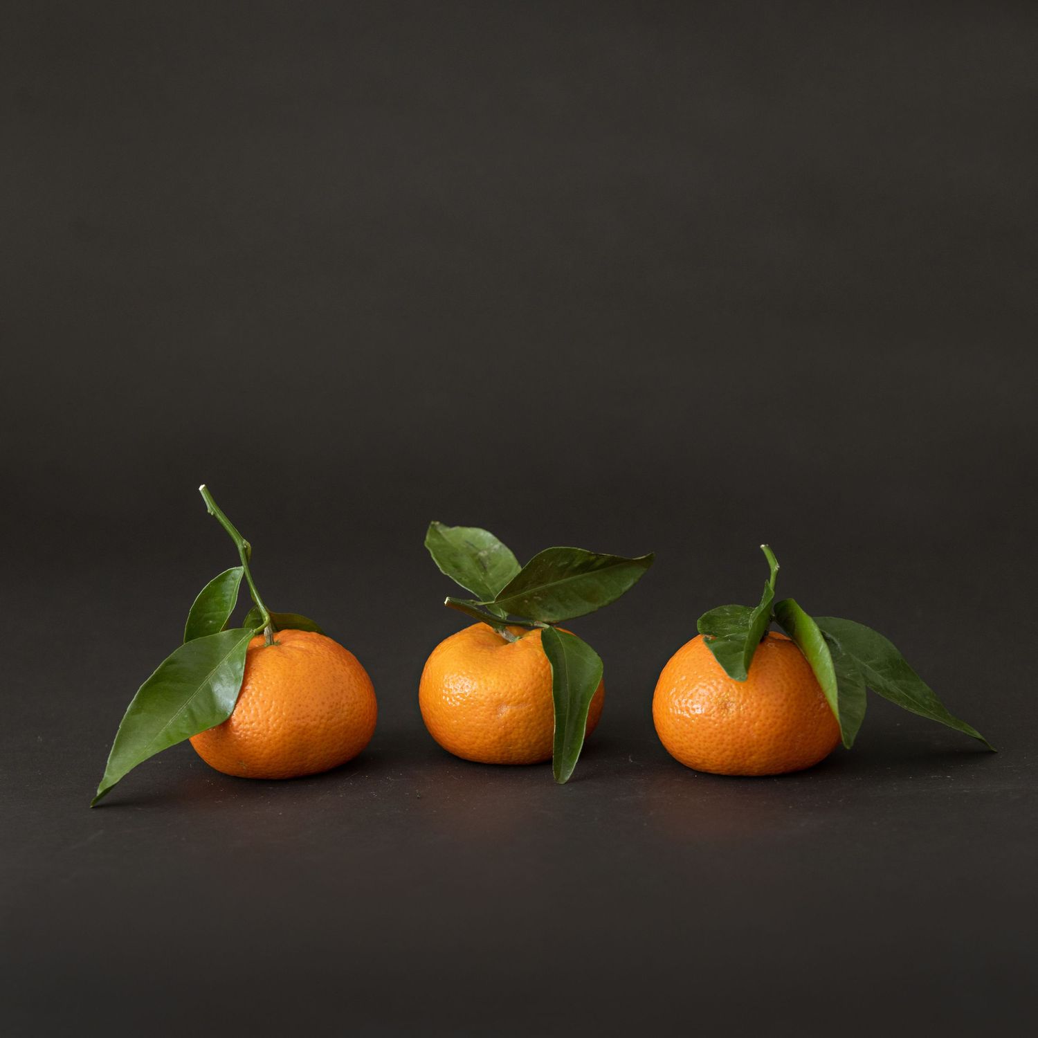 Three fresh mandarin oranges with bright green leaves arranged on dark surface.