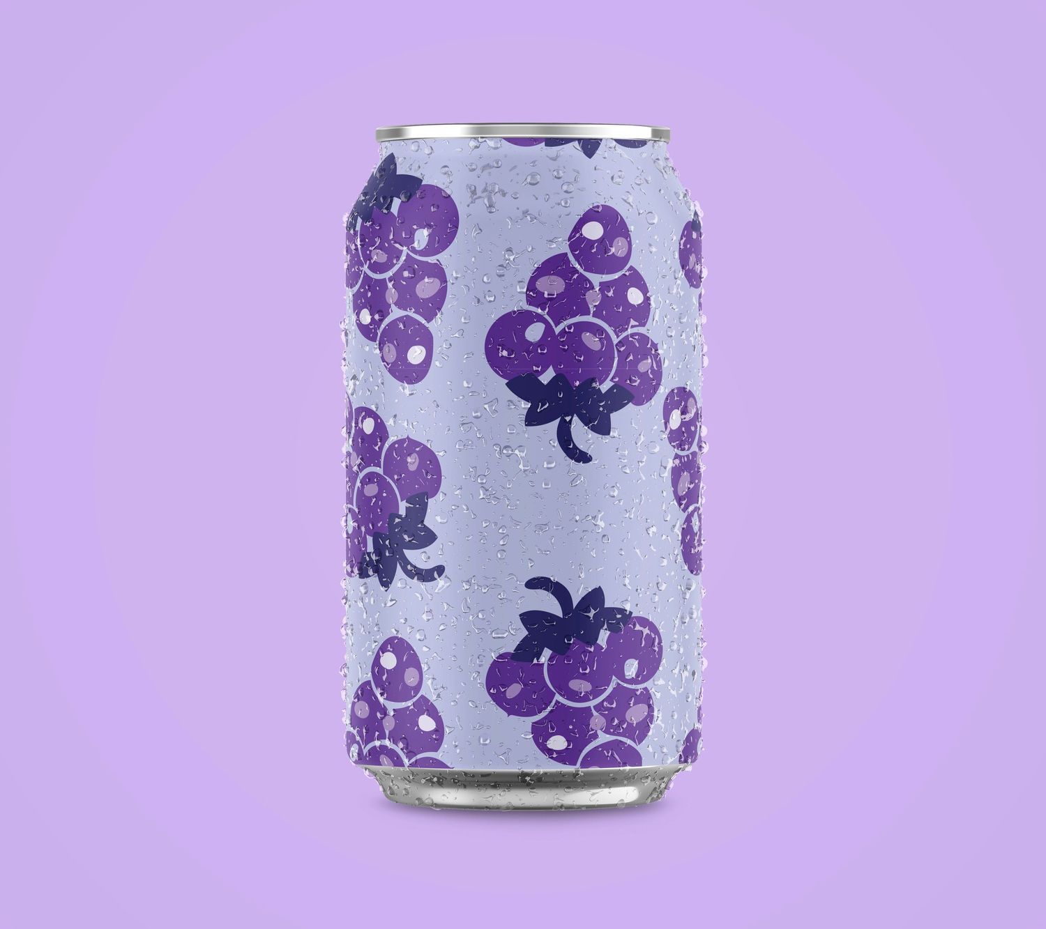 Silver beverage can with playful purple grape characters in a repeating pattern design.