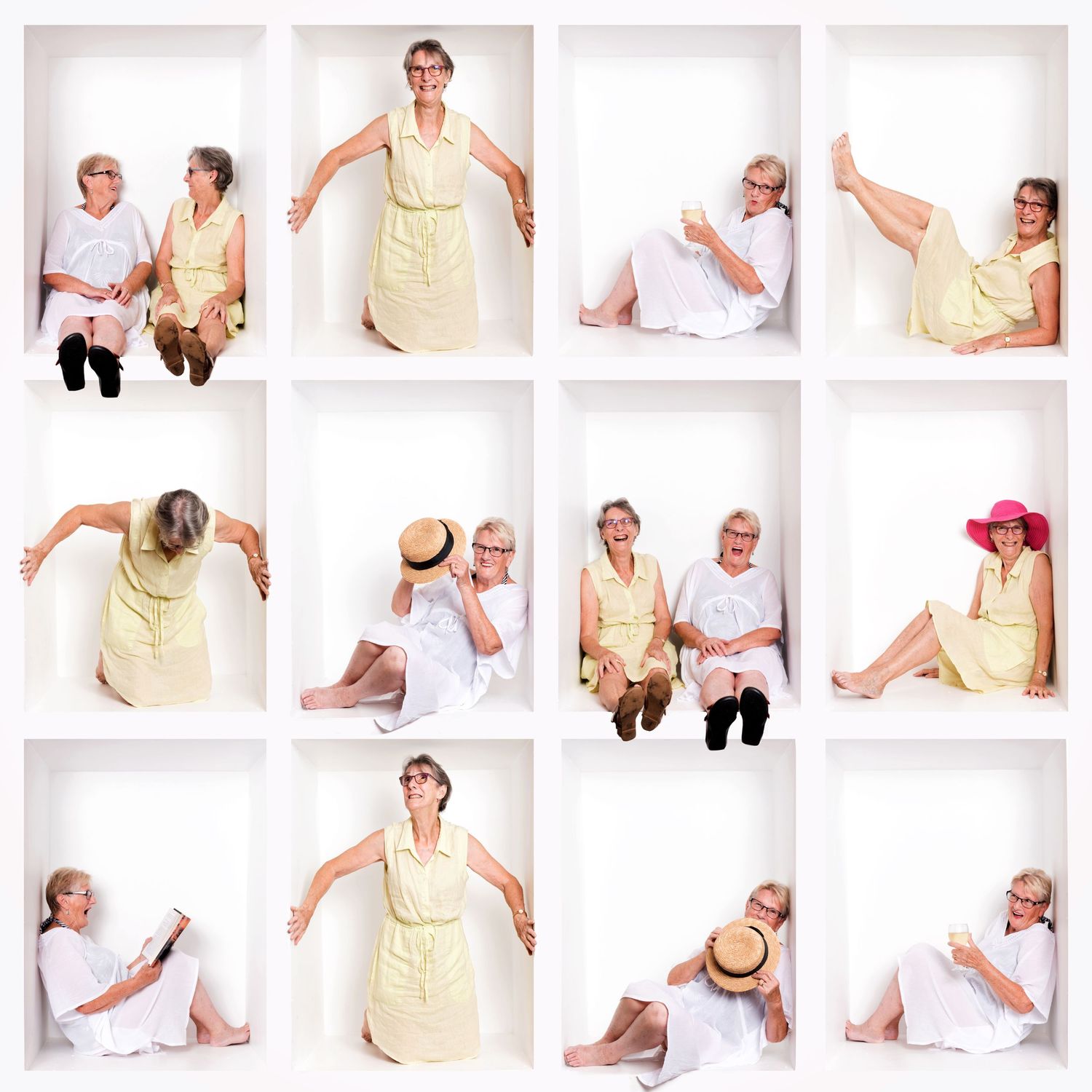 Photo series showing casual poses in yellow and white outfits against white background.