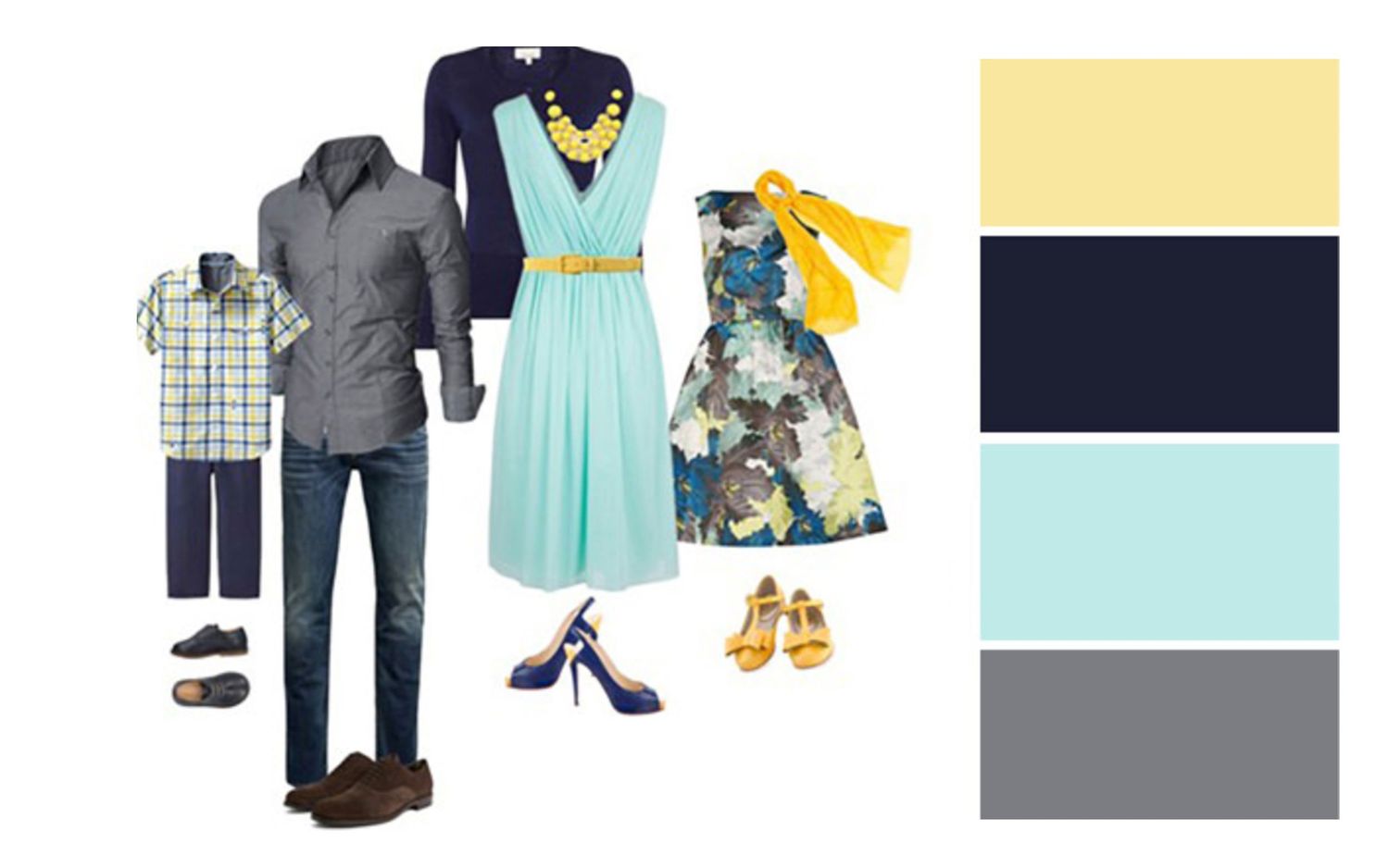 Spring family photo outfit set in yellow, mint and grey tones with coordinated casual wear.