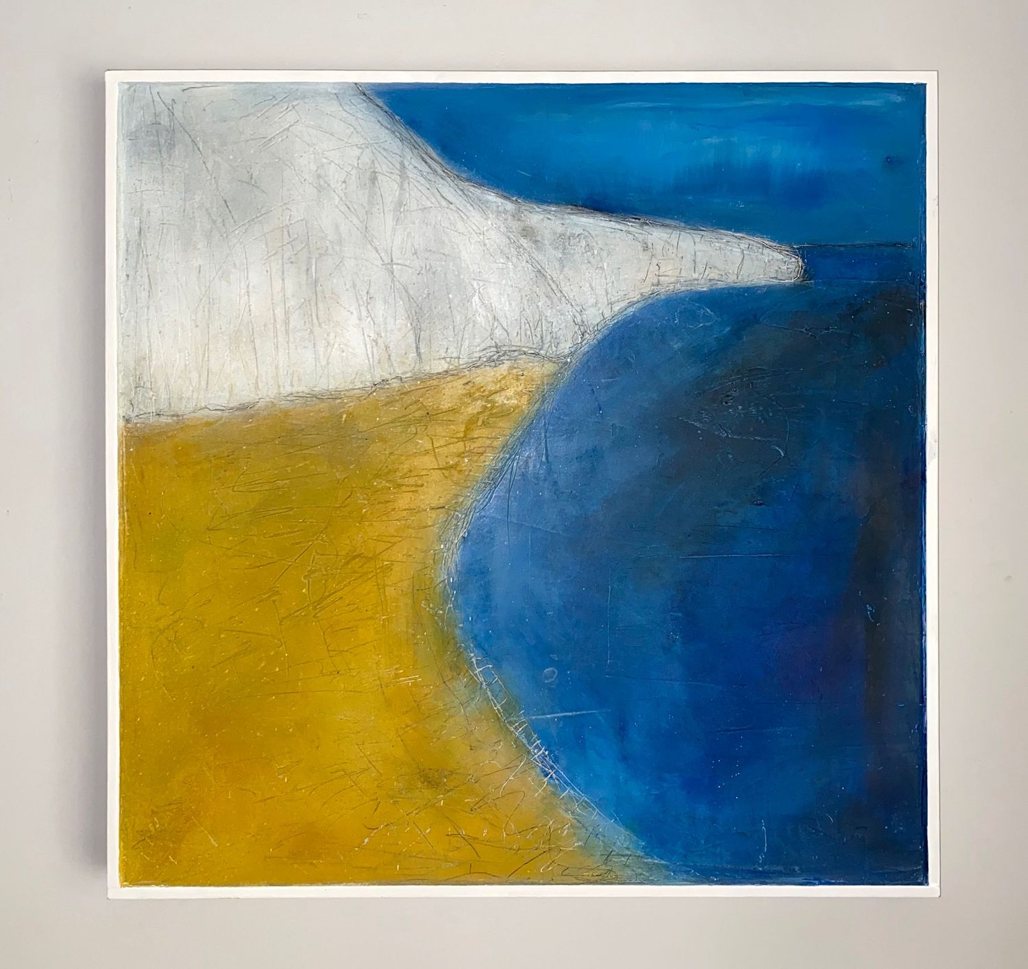 'Sea State XI' mixed media painting on canvas. Blue, ocean scene with yellow beach and white cliff.