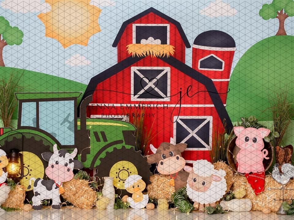 Cute children's farm scene with red barn, green tractor, and cartoon barnyard animals on textured background.