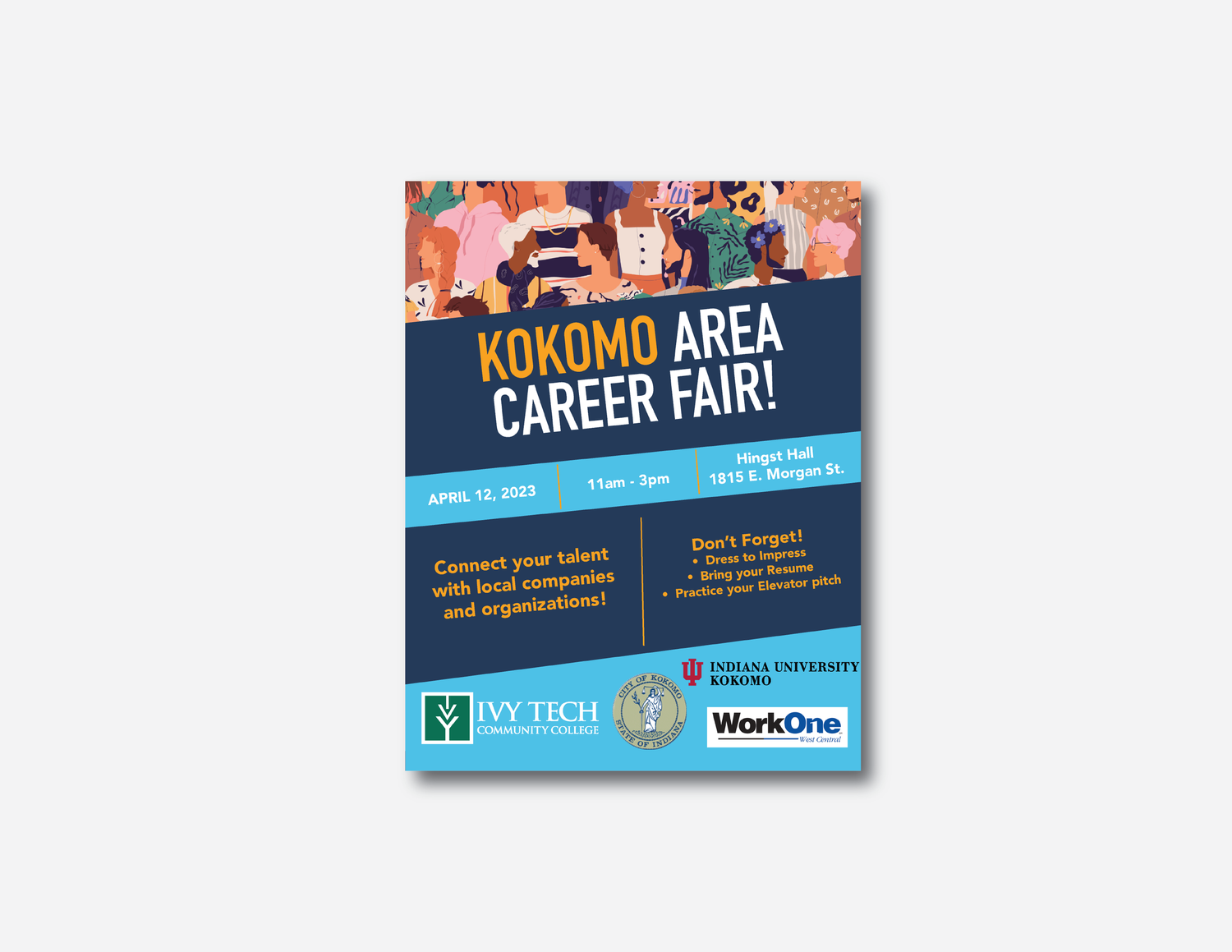 Career fair promotional banners featuring Ivy Tech and WorkOne logos.