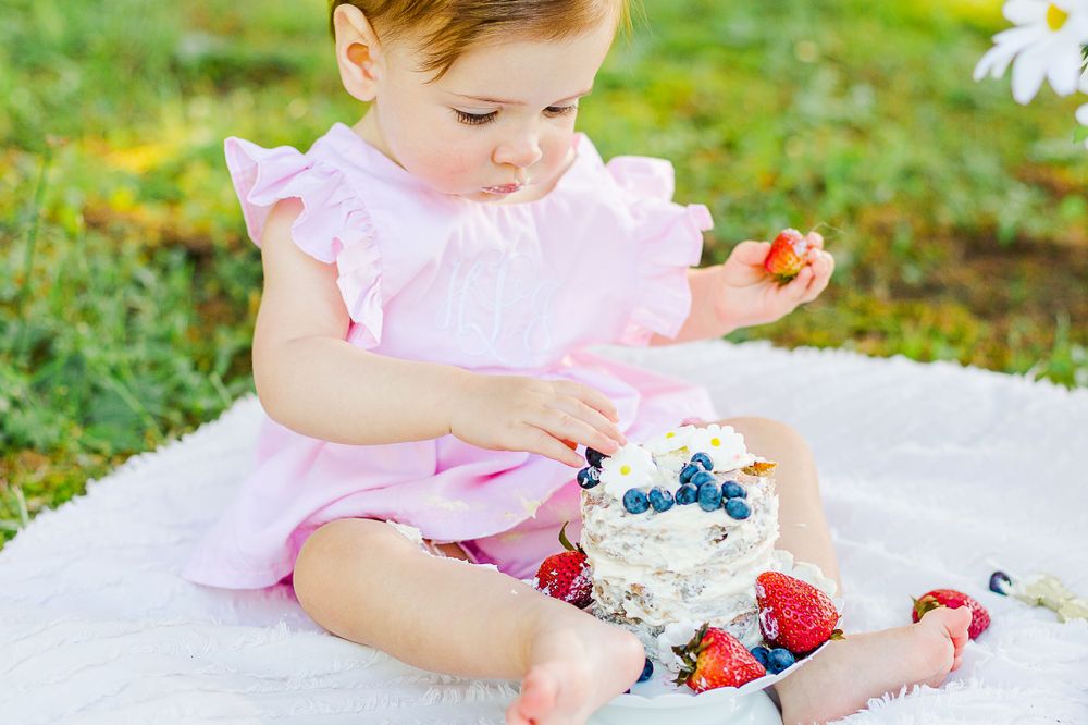 A toddler in pink dress sits on blanket outdoors enjoying berries and cake decorated with fresh fruit.