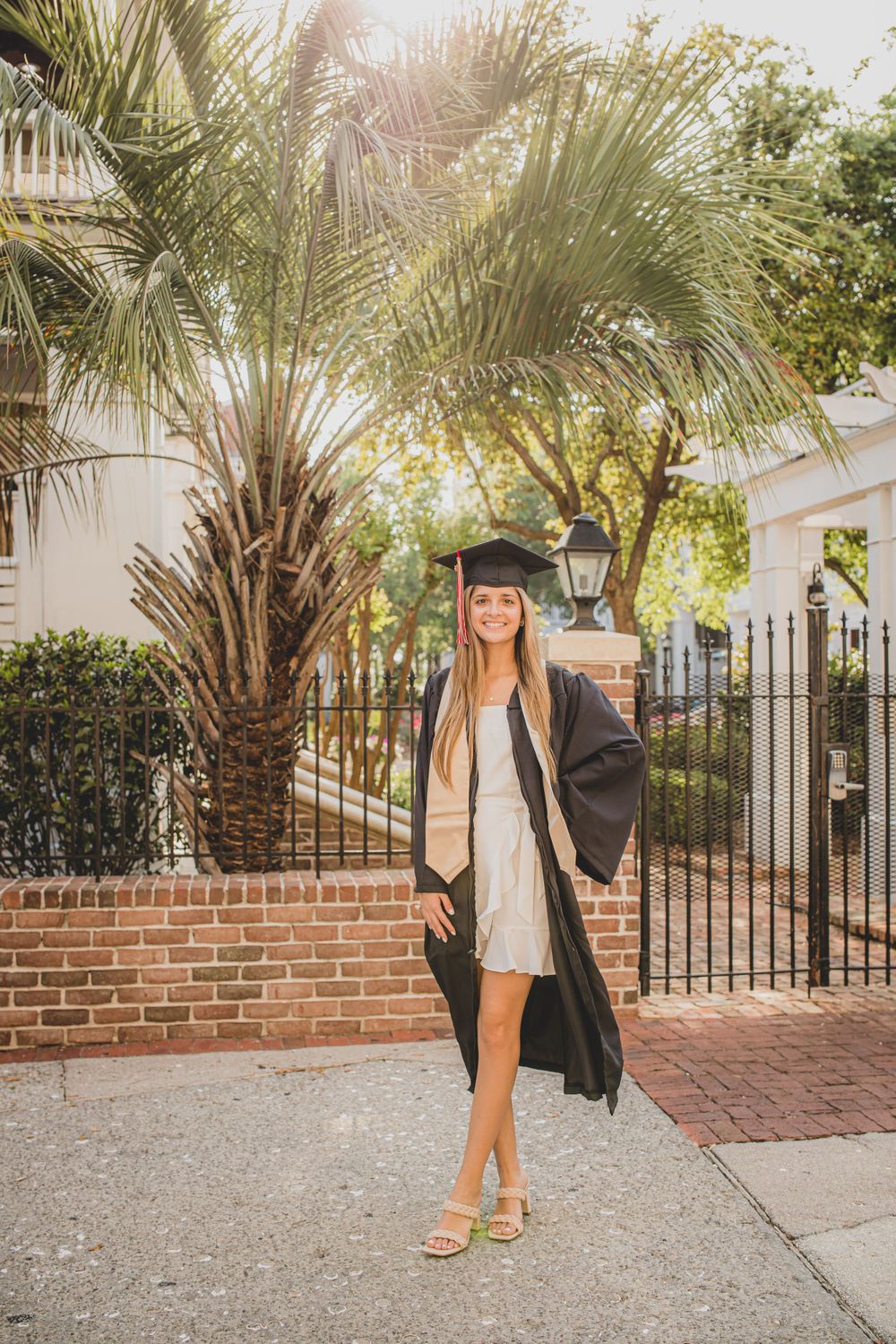 A graduate in black cap and gown poses on a palm-lined sidewalk in Charleston.
