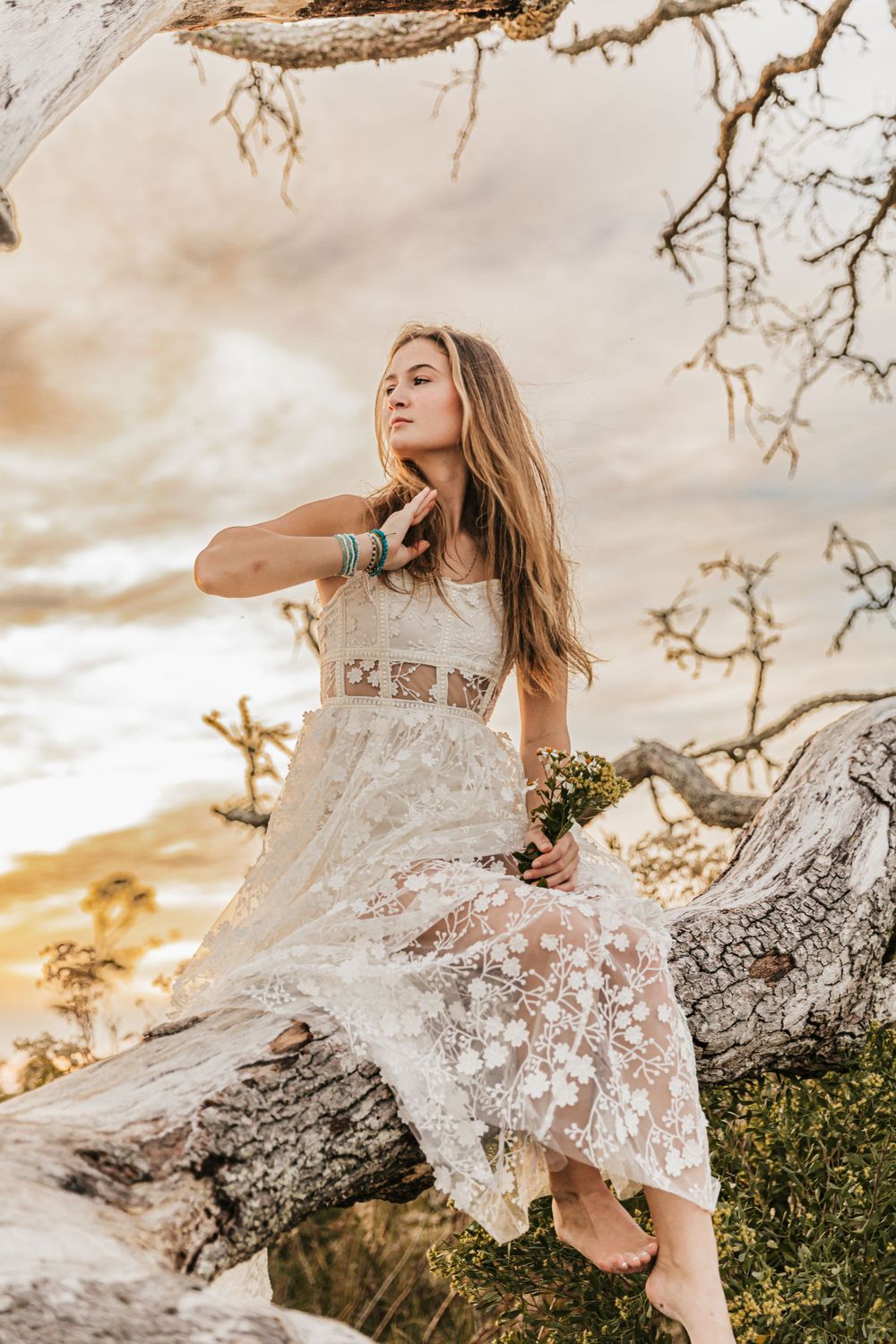 Dreamy sunset photoshoot featuring a white lace dress against tree branches and golden sky.