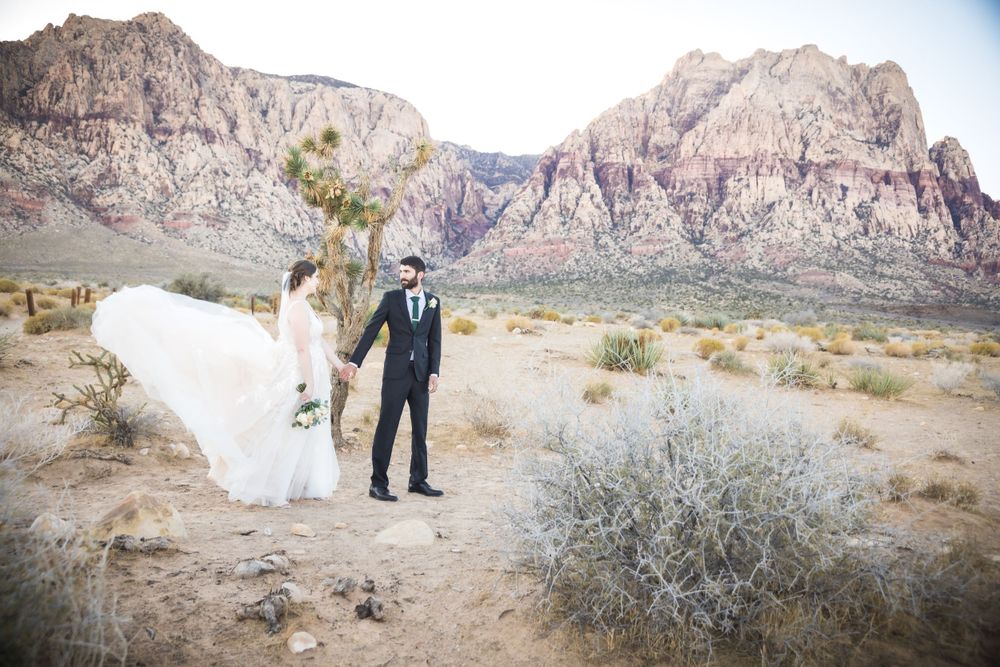 A wedding couple poses in front of dramatic red rock mountains in a desert landscape.