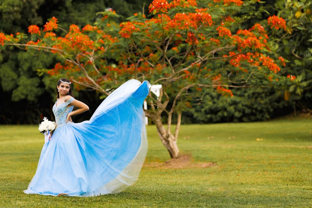 A elegant light blue gown twirls in front of a blooming orange royal poinciana tree.