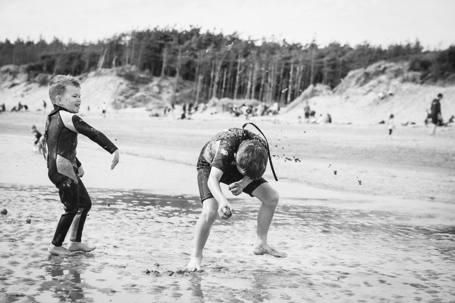 Two people playing and splashing at the edge of the water on a beach with trees in the background.