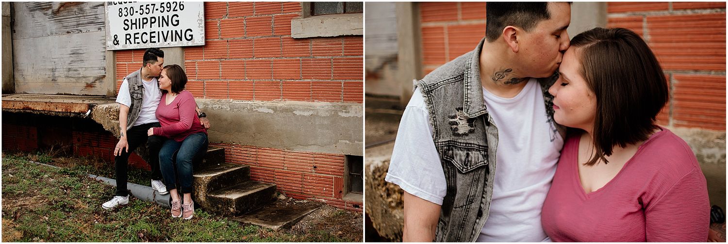 Collection of intimate outdoor portraits against industrial brick backdrop.