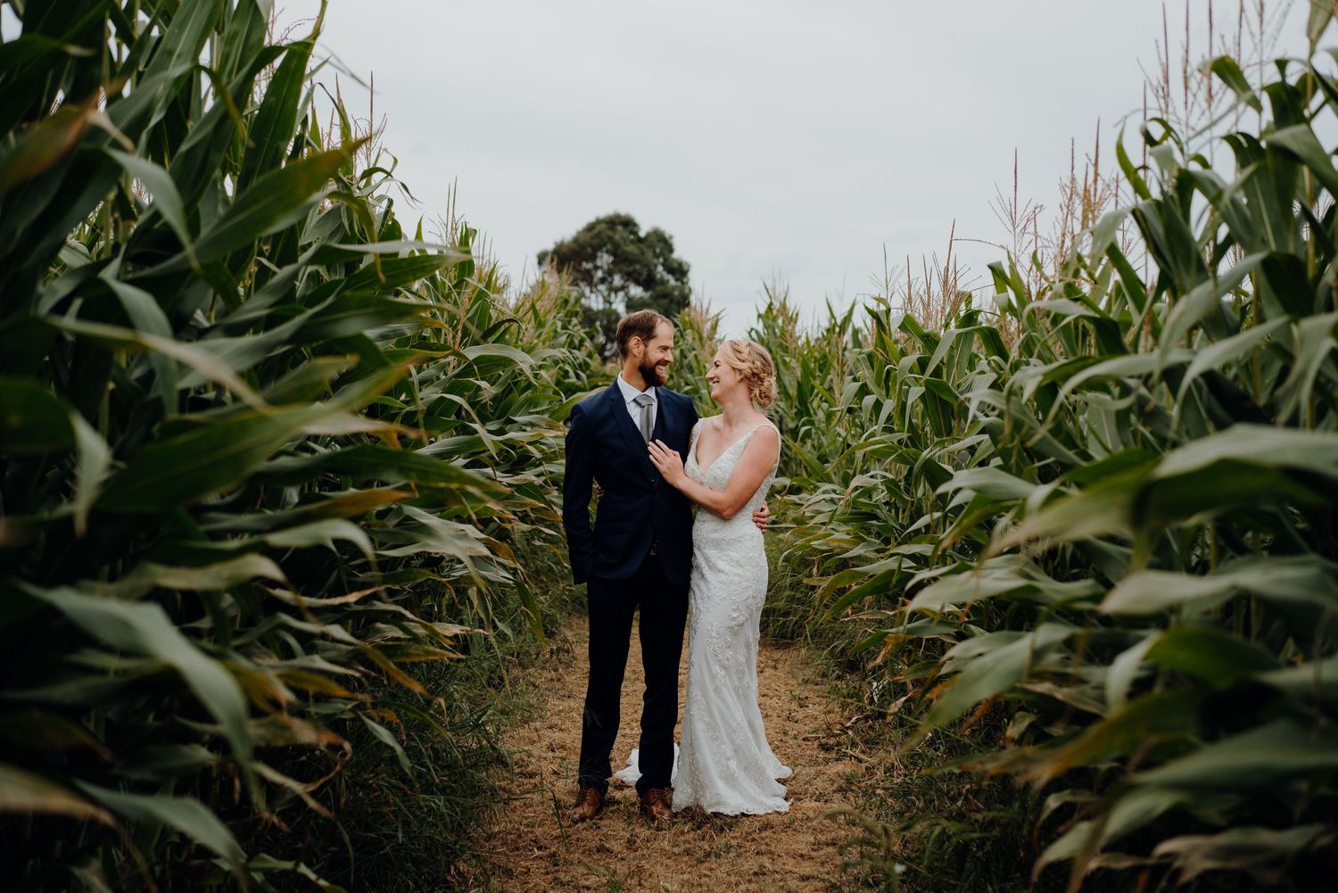 Wedding couple smiling at each other in a corn field
