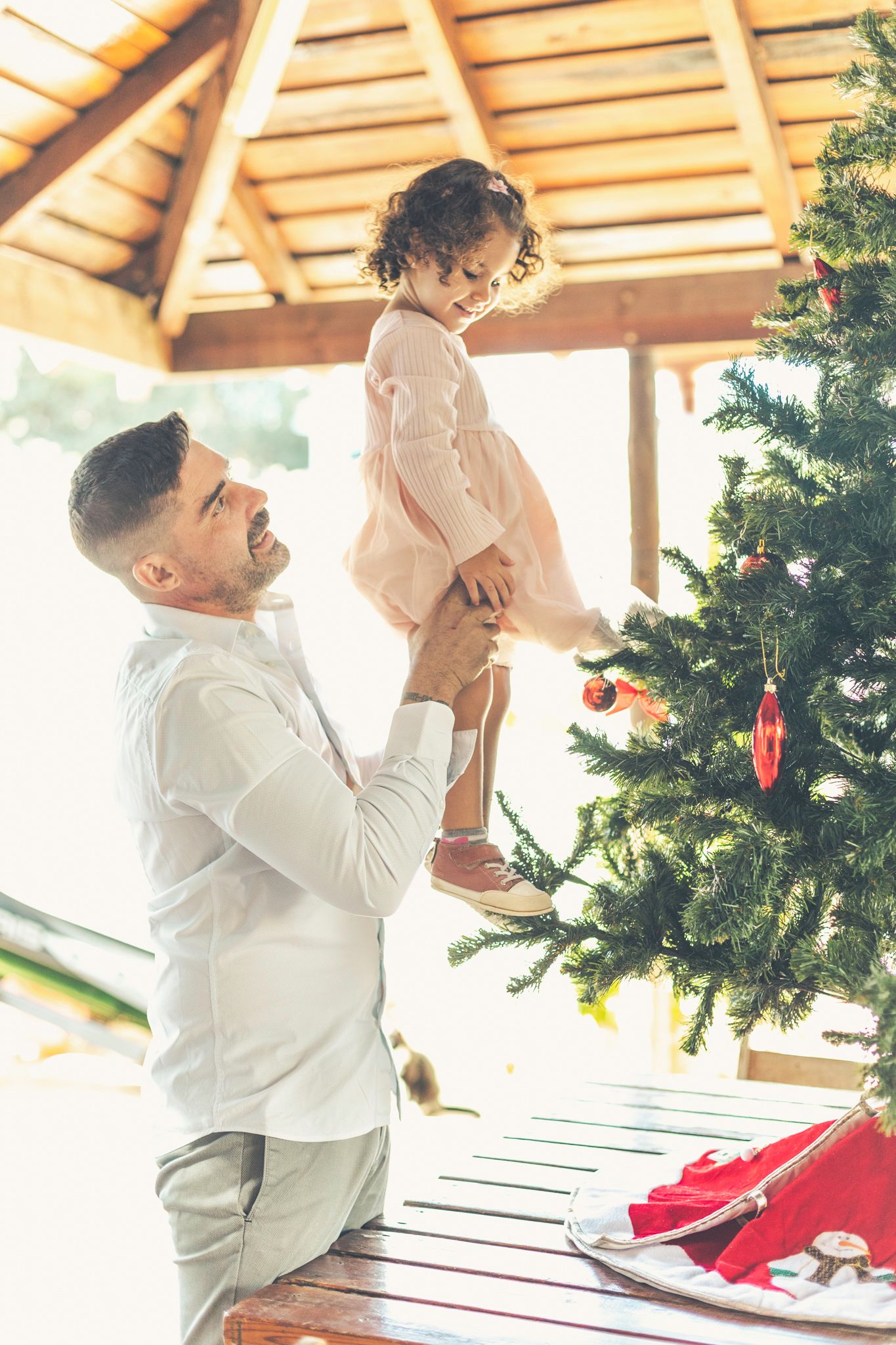 Papá levanta a Lara para que alcance la parte superior del árbol de Navidad