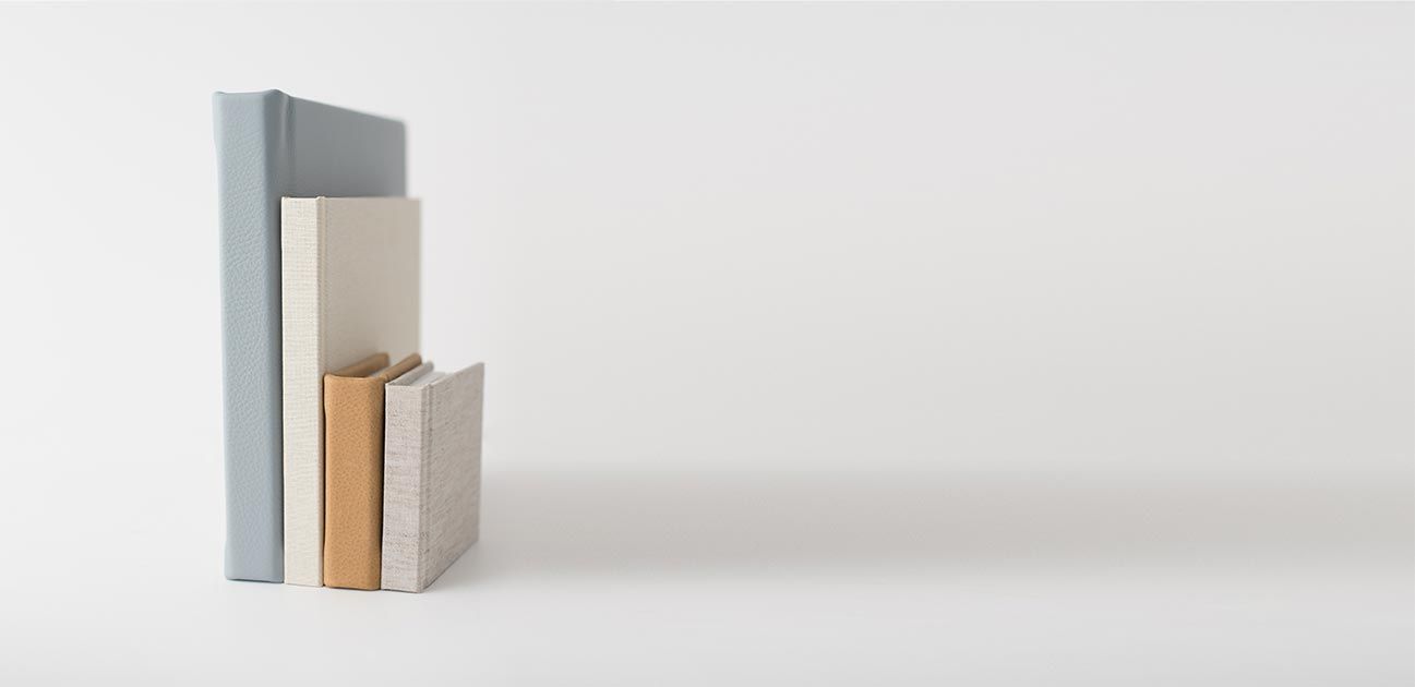 Minimal composition of pastel colored books standing against white background.
