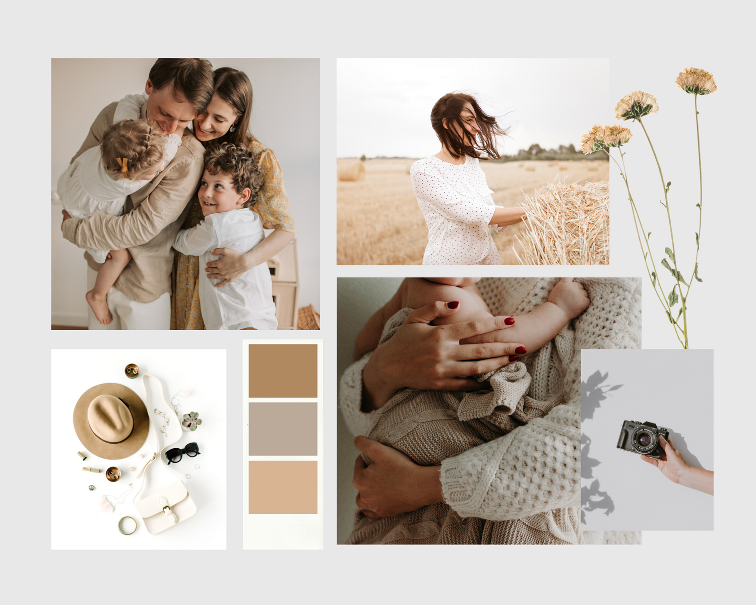 Neutral toned lifestyle photography mood board with cozy indoor scenes.