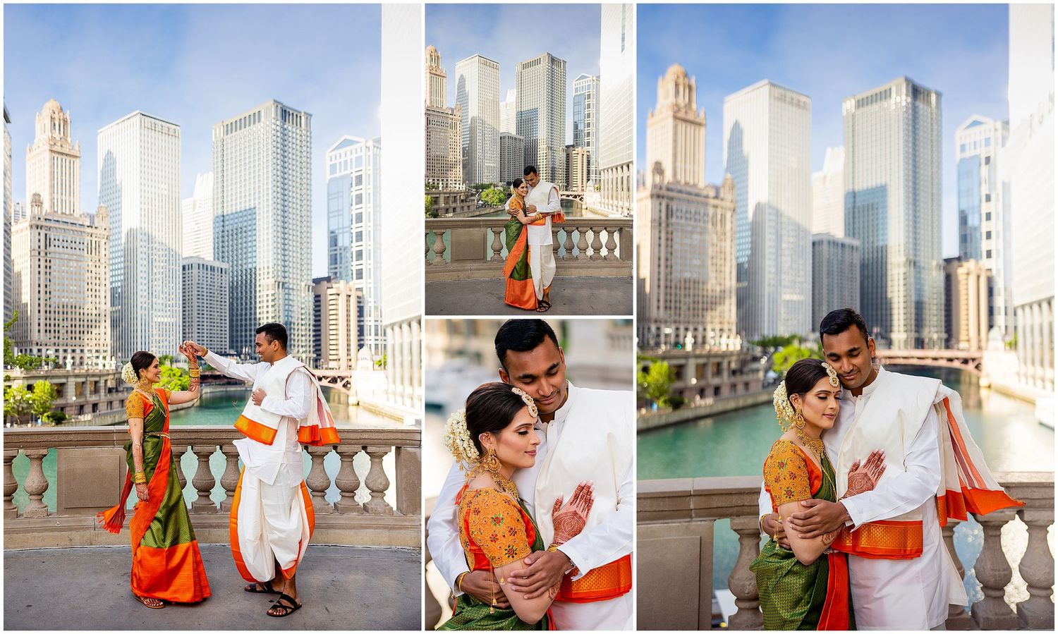 Wedding portraits along Chicago River with dramatic skyscraper backdrop.