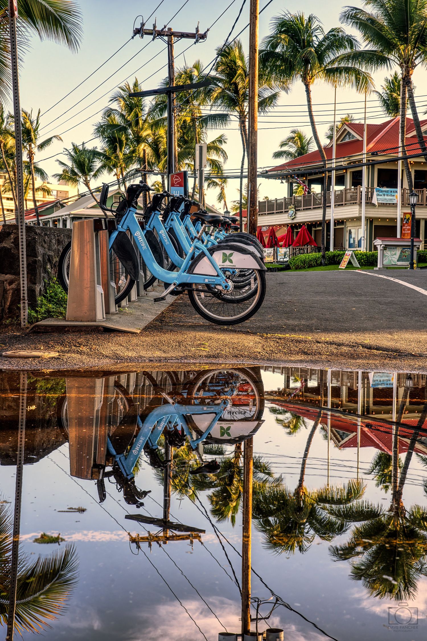 Bicycles and surroundings reflecting in a puddle