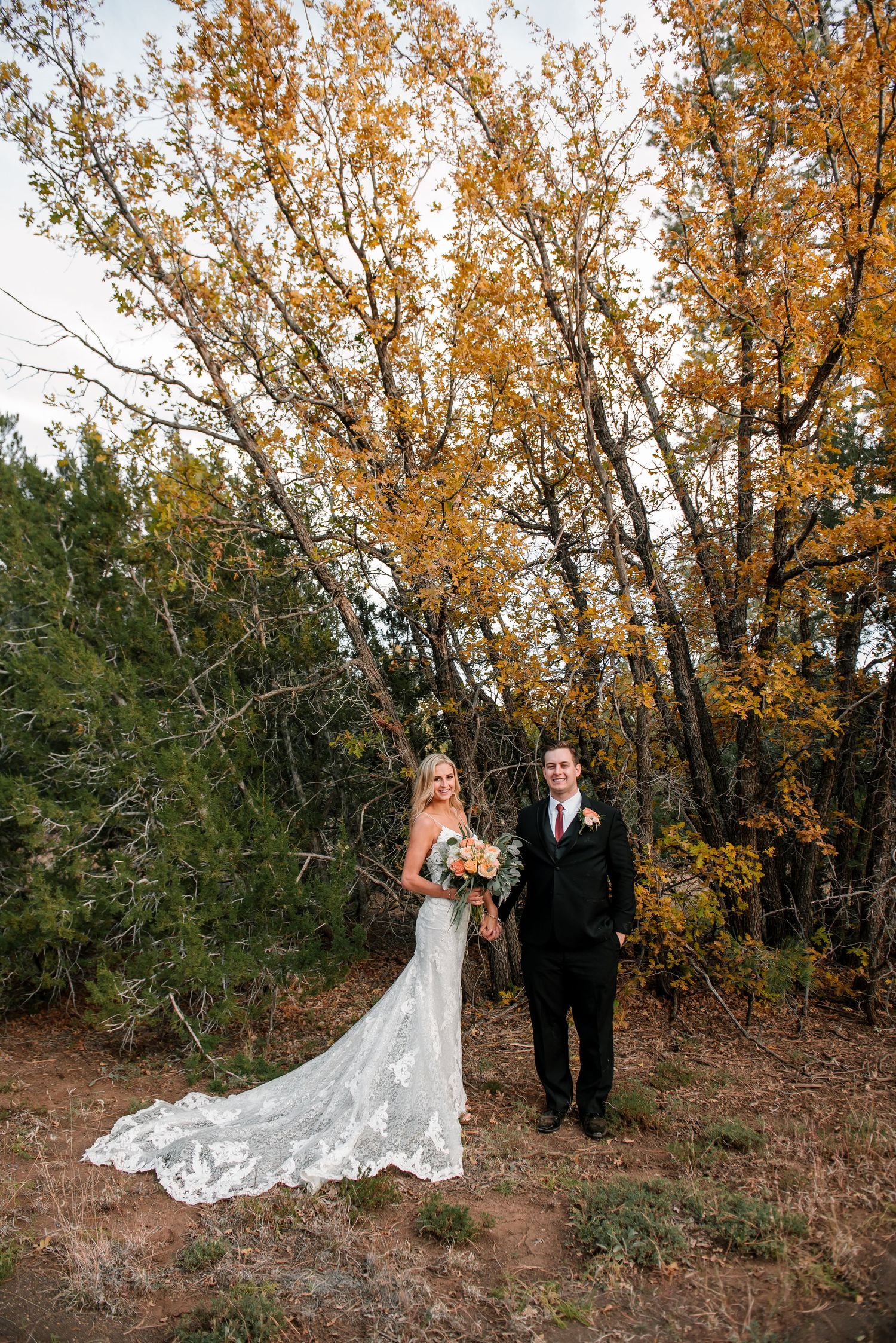 Wedding couple poses beneath golden autumn trees on a hillside.