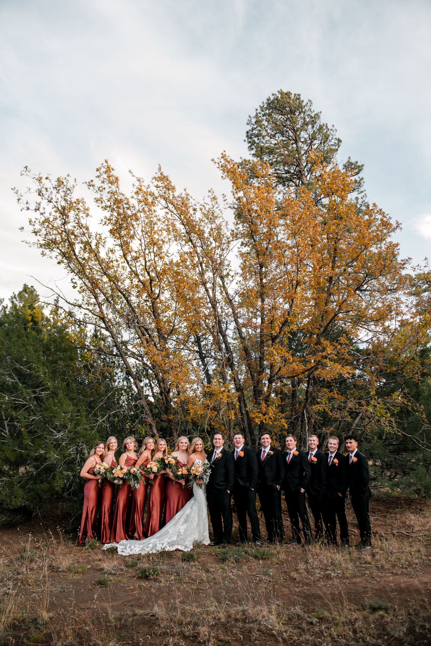Wedding party lined up on hillside with bridesmaids in burgundy and groomsmen in black suits.
