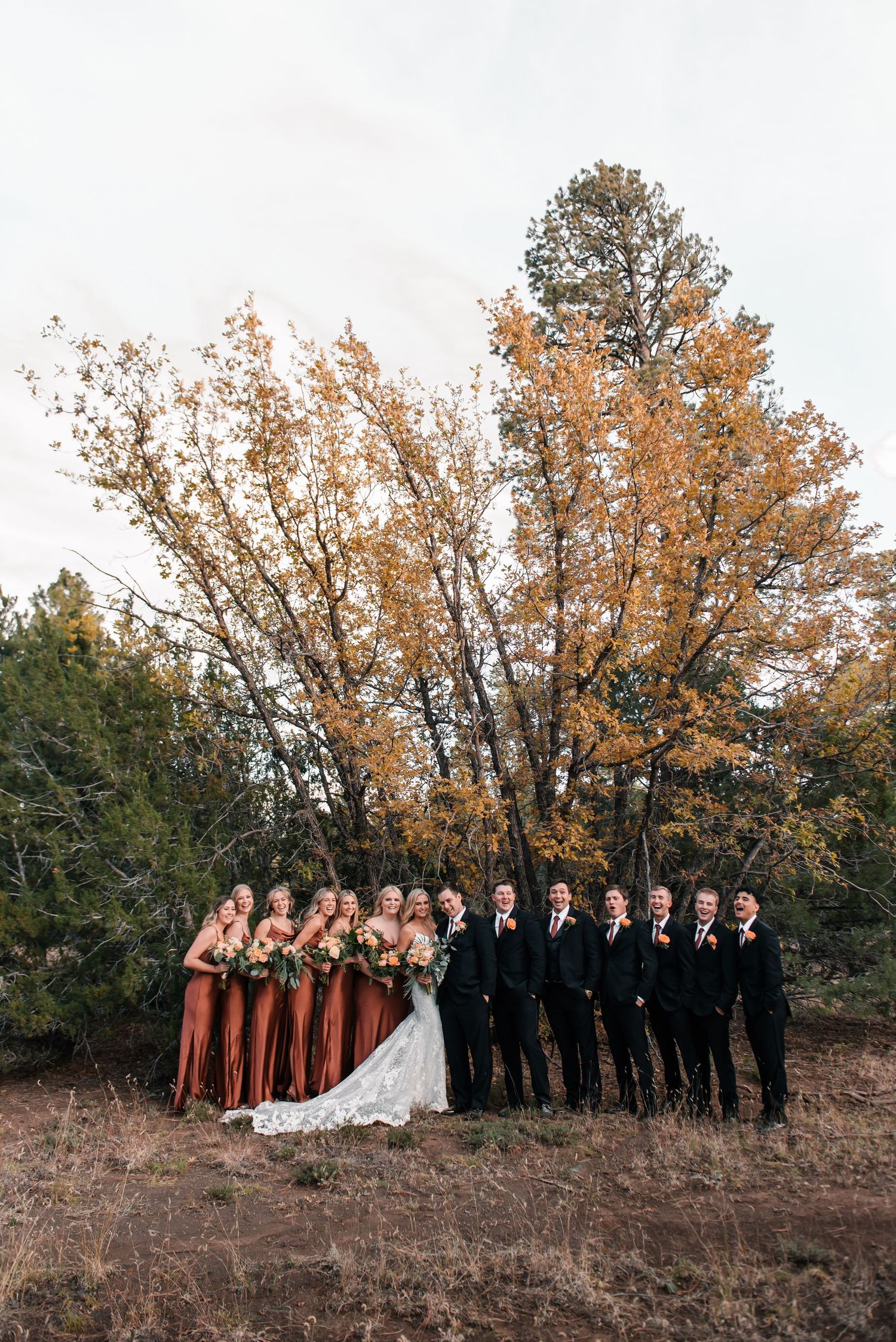 Wedding party in burgundy and black poses on hillside during fall season.