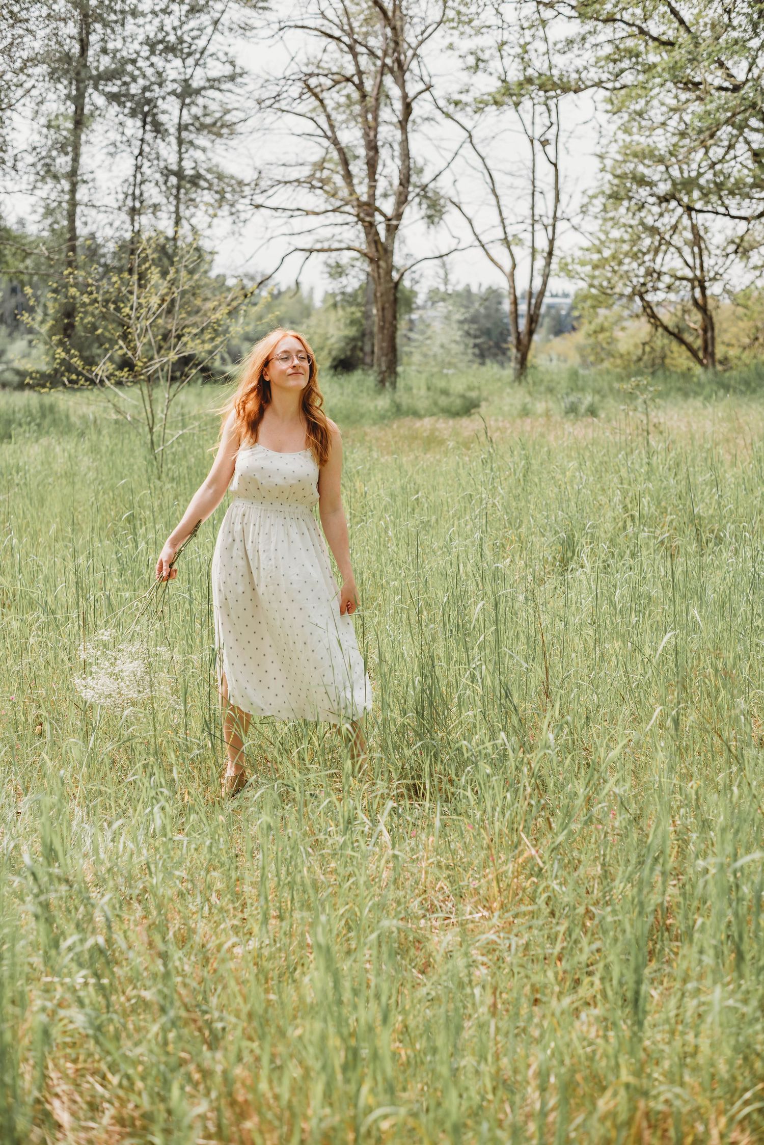 Summer meadow landscape with tall grass and scattered trees creating a serene atmosphere.