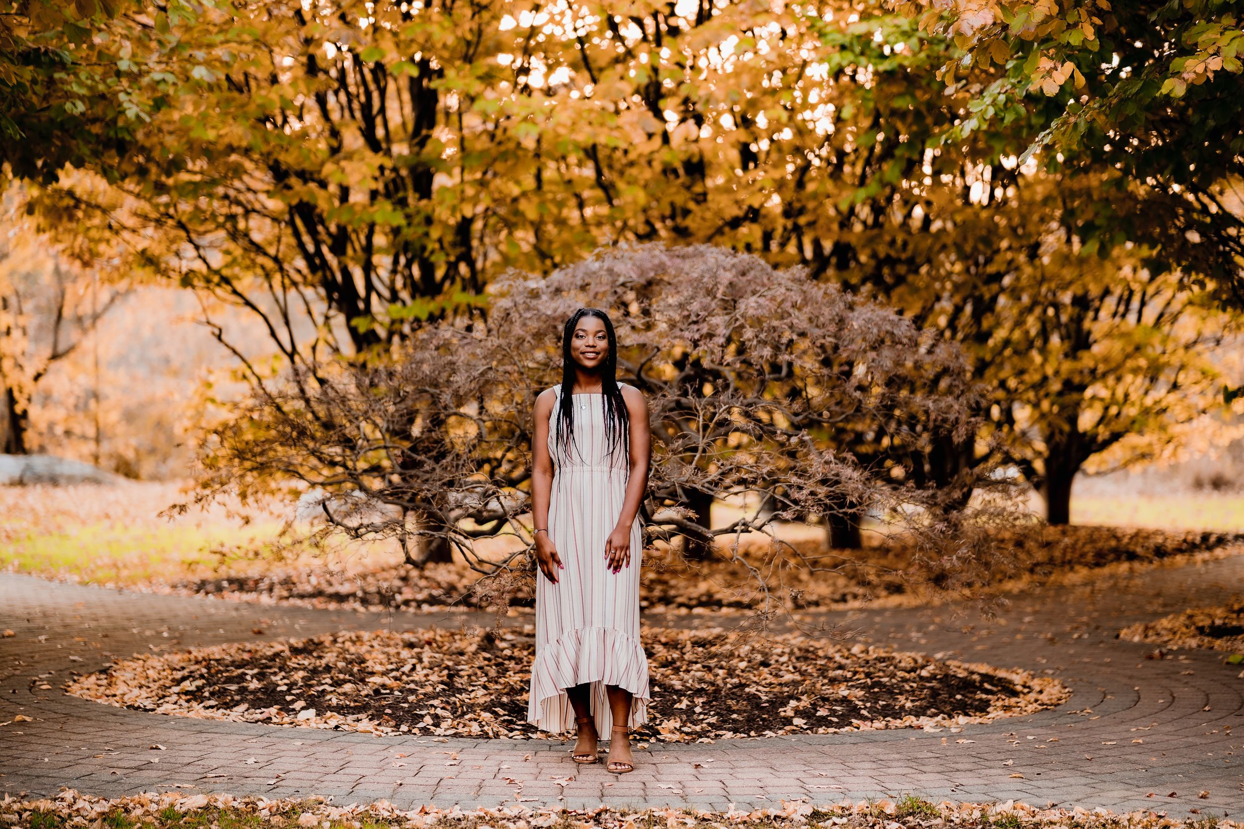 Person in white dress stands centered on garden path surrounded by golden autumn trees.