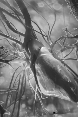 Artistic black and white macro photograph of a squid with tentacles in dark underwater environment.