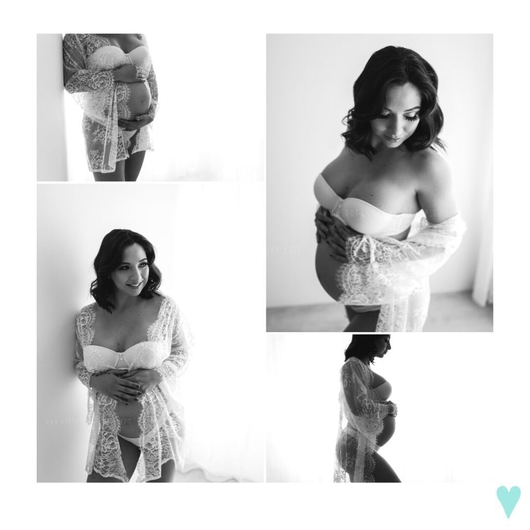 Black and white boudoir photo collage featuring elegant lace attire.