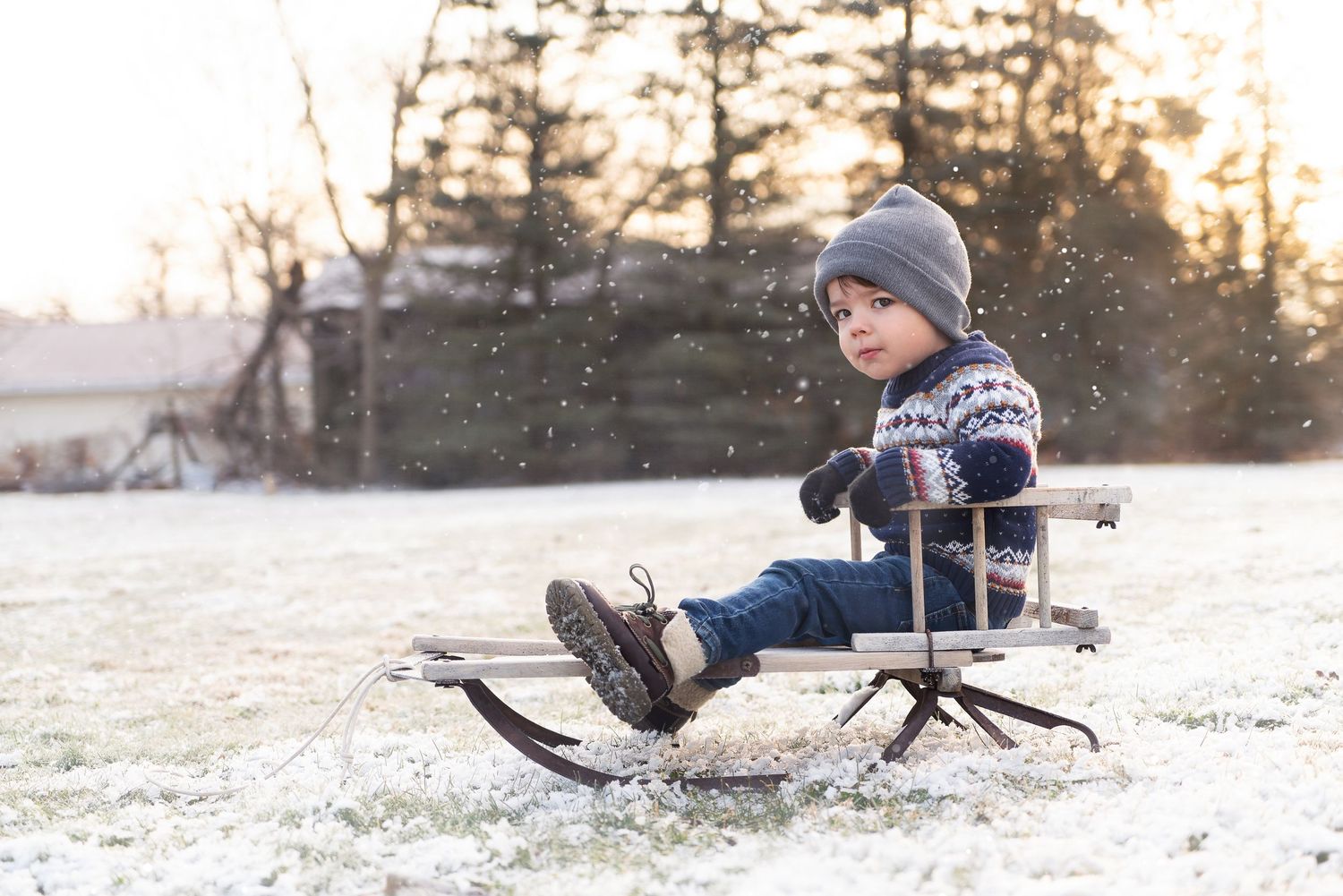 boy looks on thoughtfully from seat on sled in snow scene