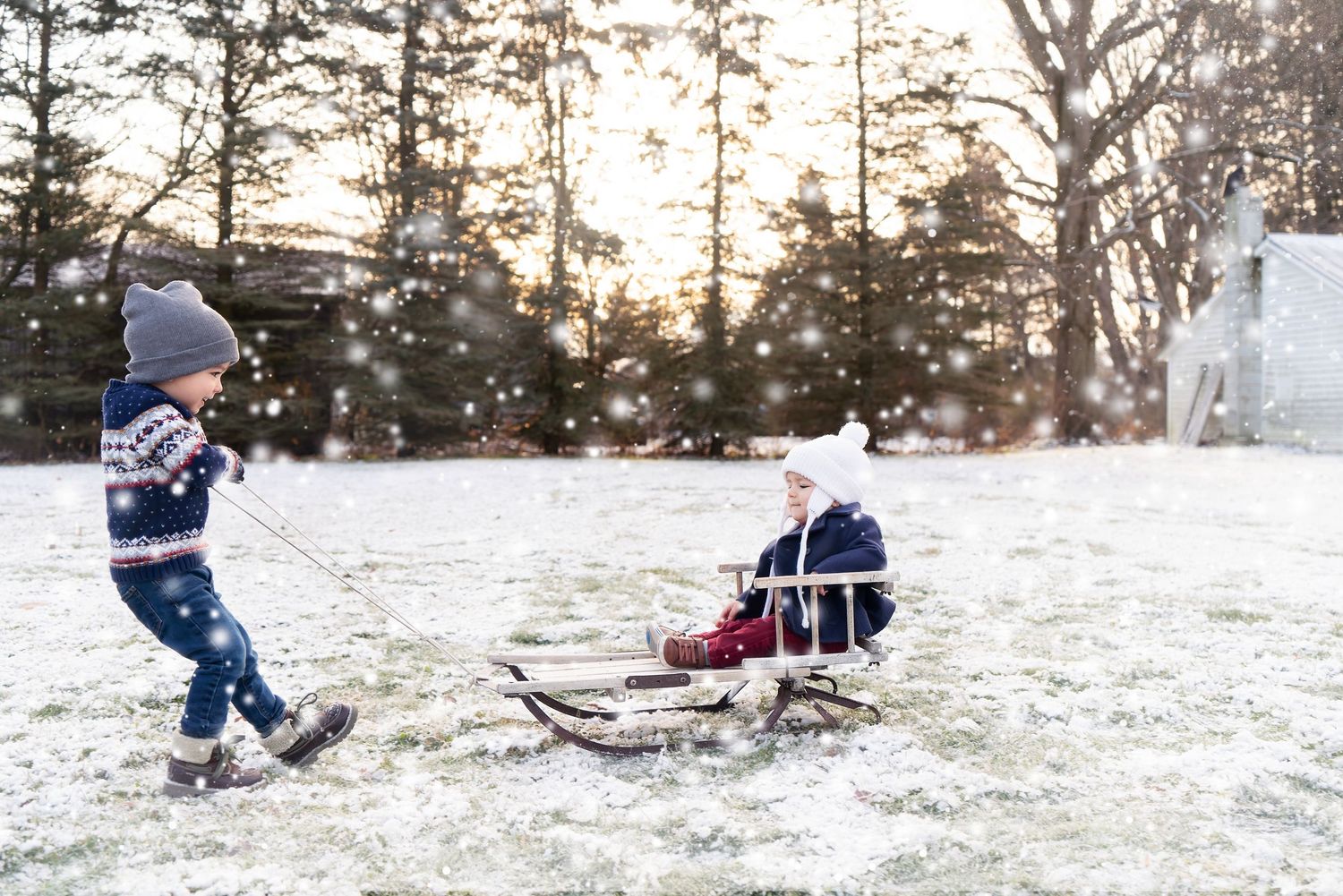 boy pulls baby in small sled in winter scene