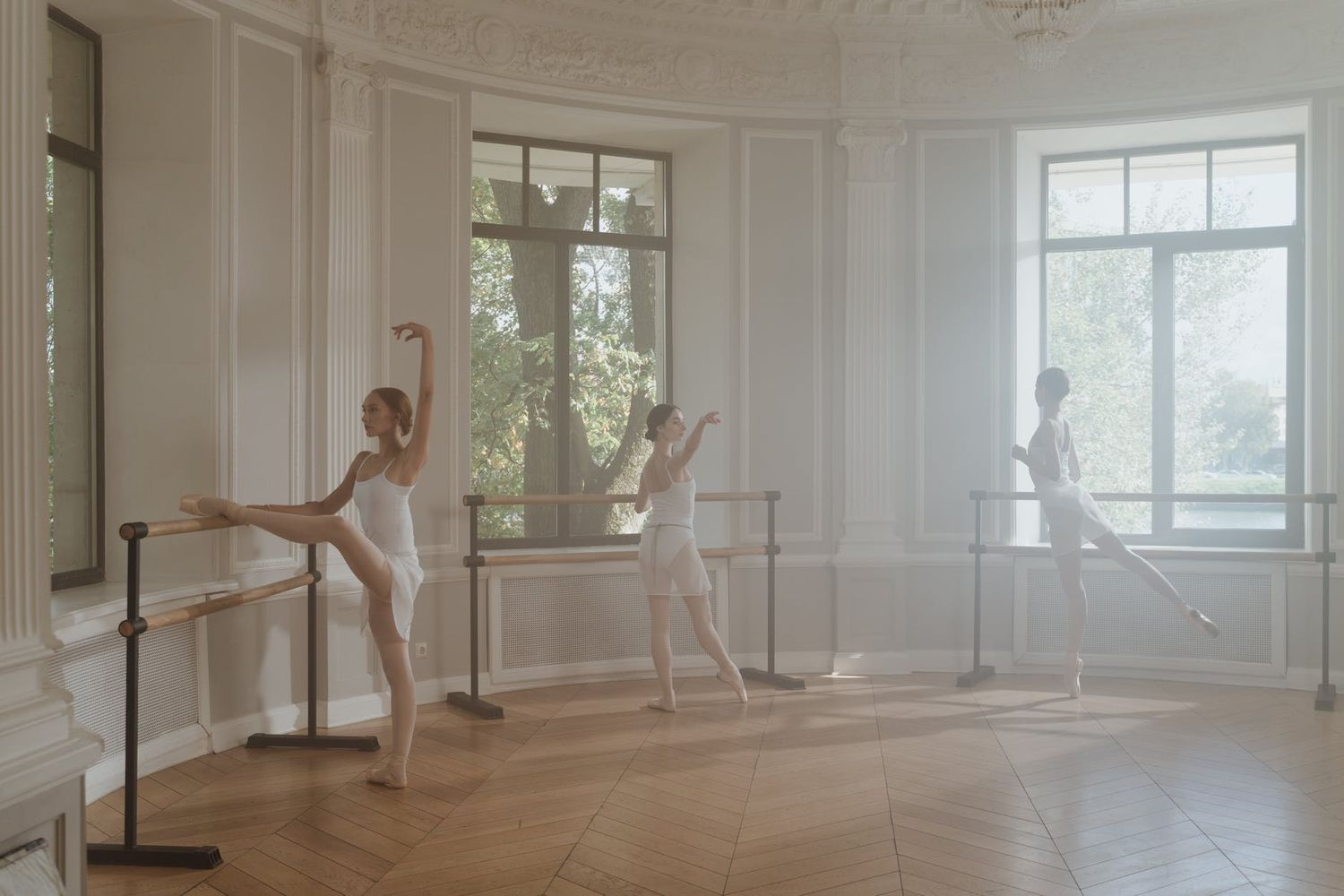 Bright dance studio with white walls and large windows showing dancers practicing at the barre.