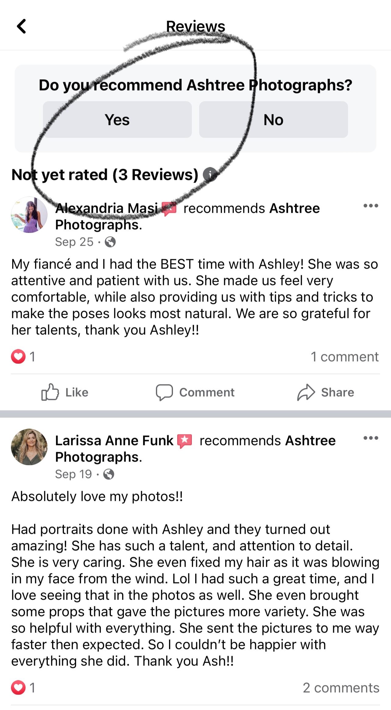 Facebook reviews for Ashtree Photographs showing two 5-star recommendations from satisfied clients.