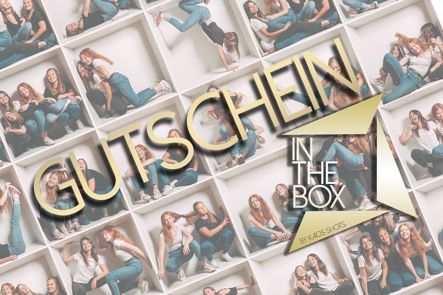 Photo collage arrangement with gold text reading 'Gutschen in the box' against white background.