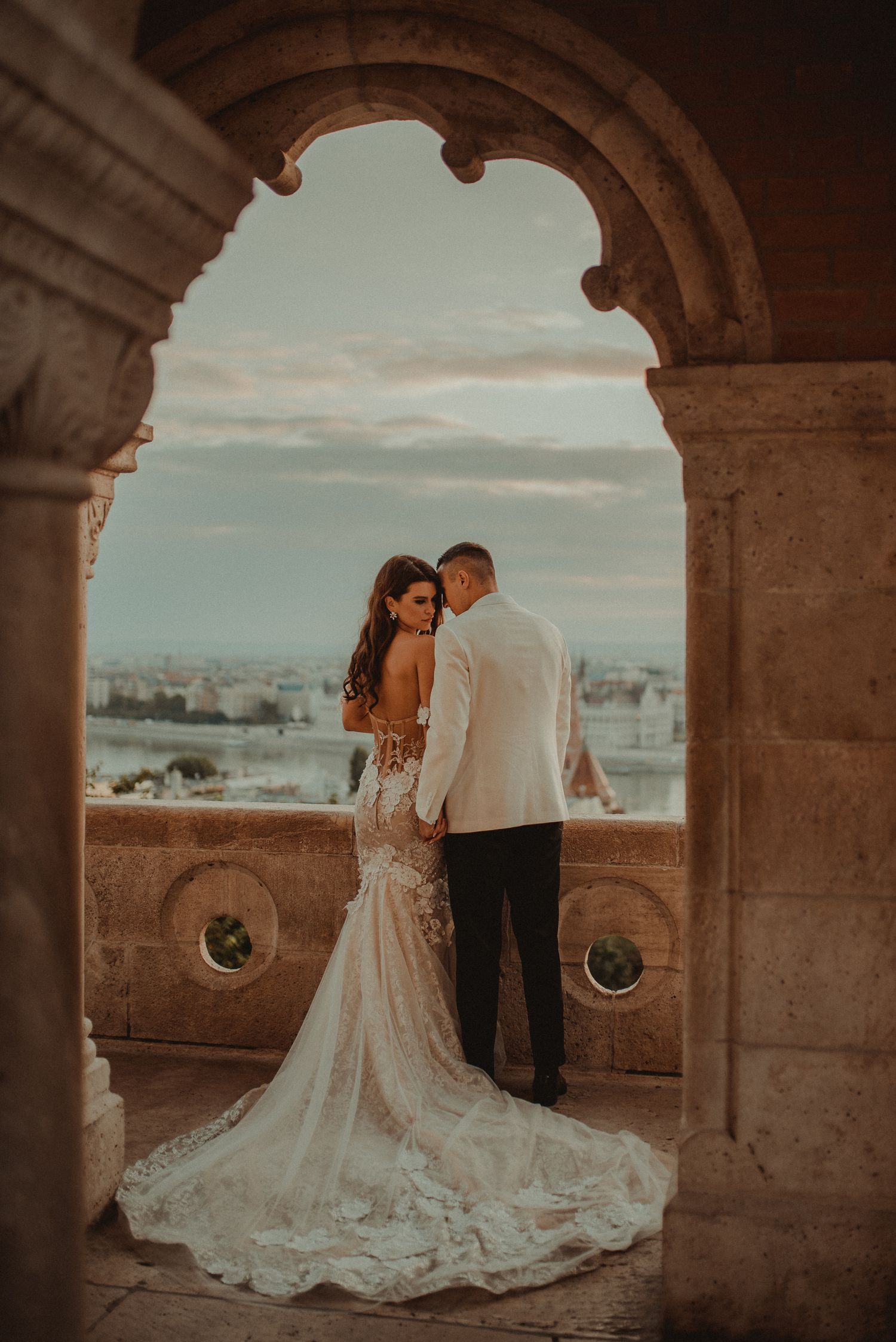 Bride and groom portrait at Fisherman's Bastion, a stunning hotel and wedding venue, located in the heart of Budapest.