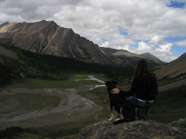 A woman and her dog look out at Nigel Pass in Banff National Park, Canada