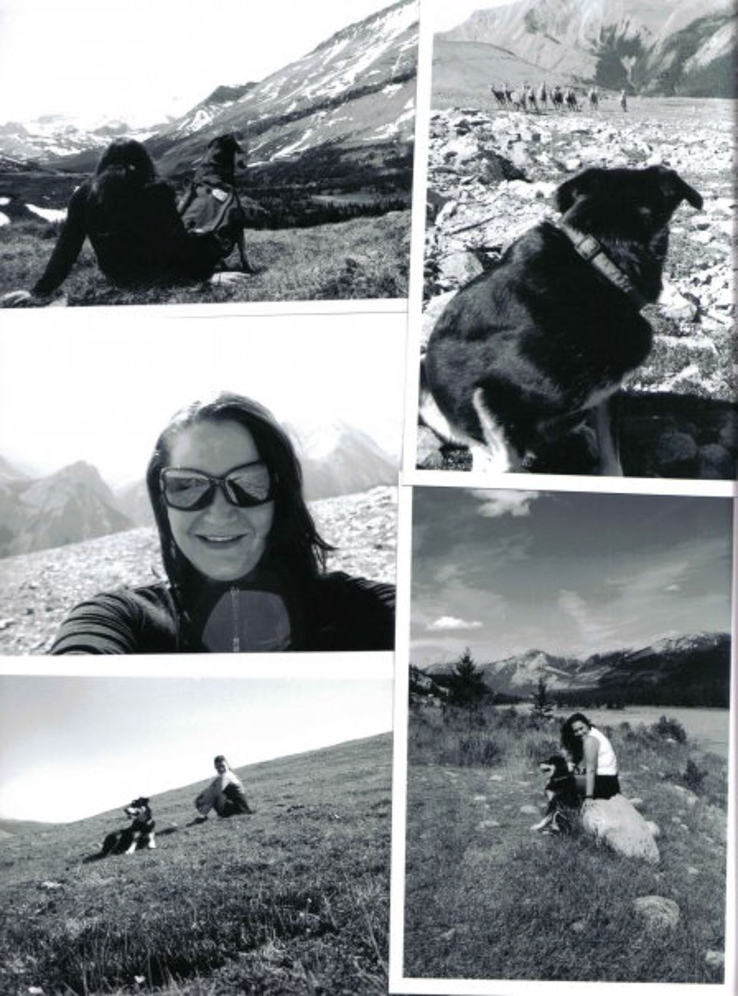 BW collage of photos of a young woman and her dog in Jasper National Park.